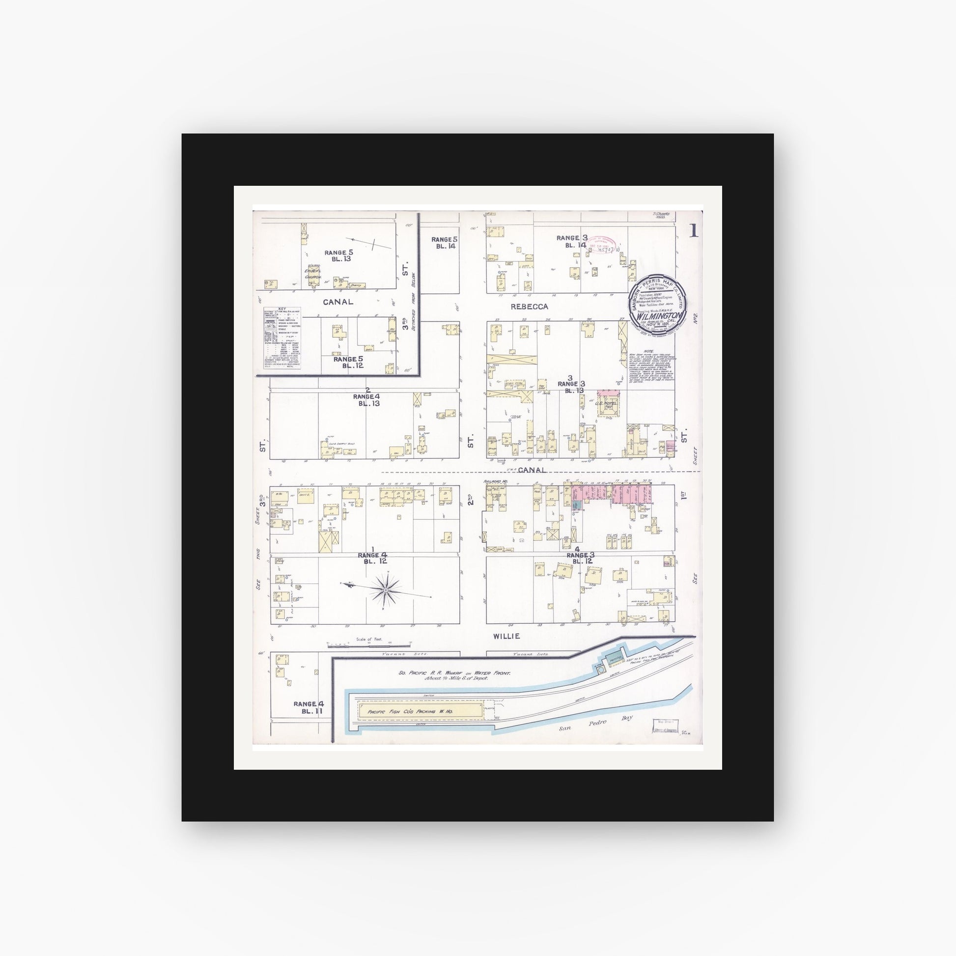 Old map wall art mockup — black gallery frame with white mat — Sanborn Fire Insurance Map from Wilmington, Los Angeles County, California (1891) - Complete Map Set