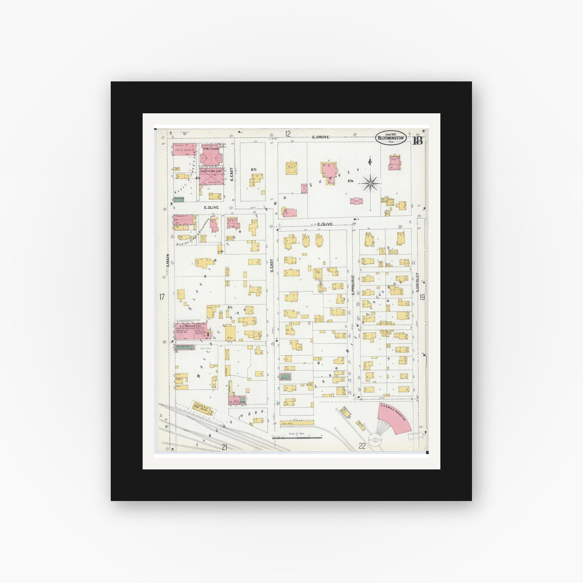 Old map wall art mockup — black gallery frame with white mat — Sanborn Fire Insurance Map from Bloomington, McLean County, Illinois (1901), Sheet #0018
