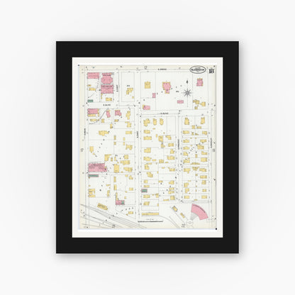 Old map wall art mockup — black gallery frame with white mat — Sanborn Fire Insurance Map from Bloomington, McLean County, Illinois (1901), Sheet #0018