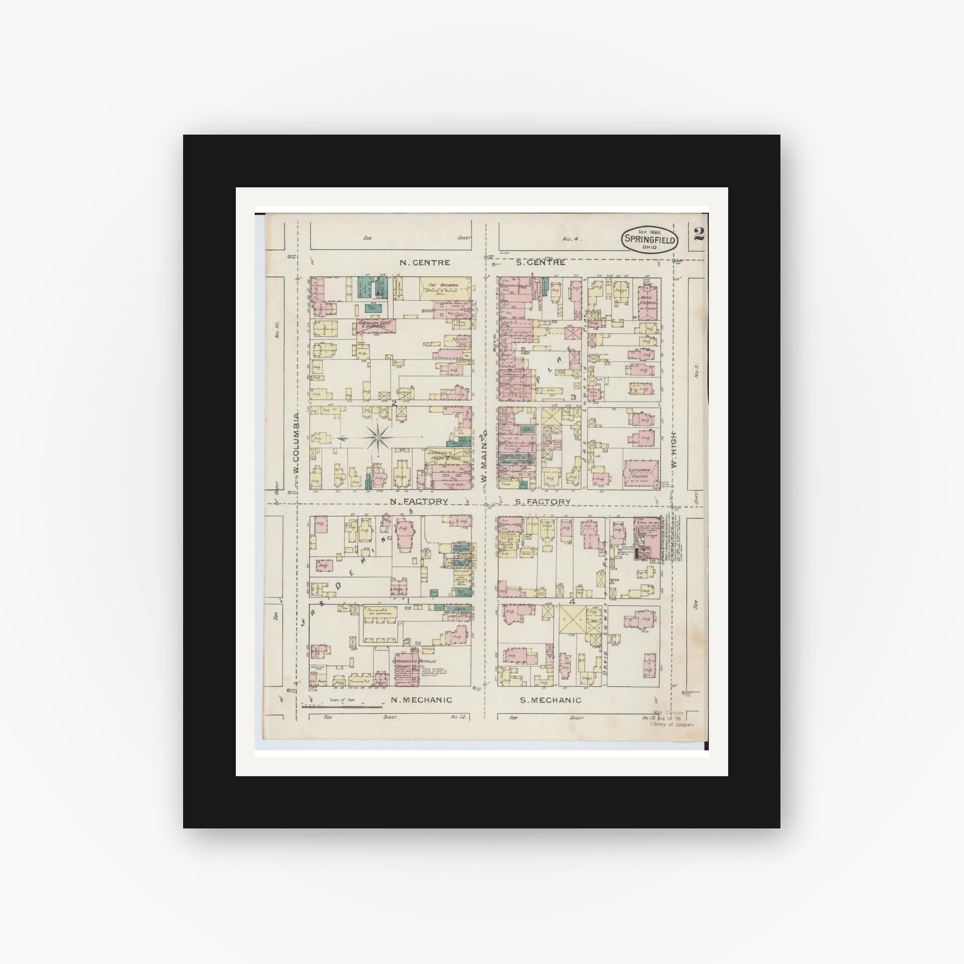 Old map wall art mockup — black gallery frame with white mat — Sanborn Fire Insurance Map from Springfield, Clark County, Ohio (1886), Sheet #0002