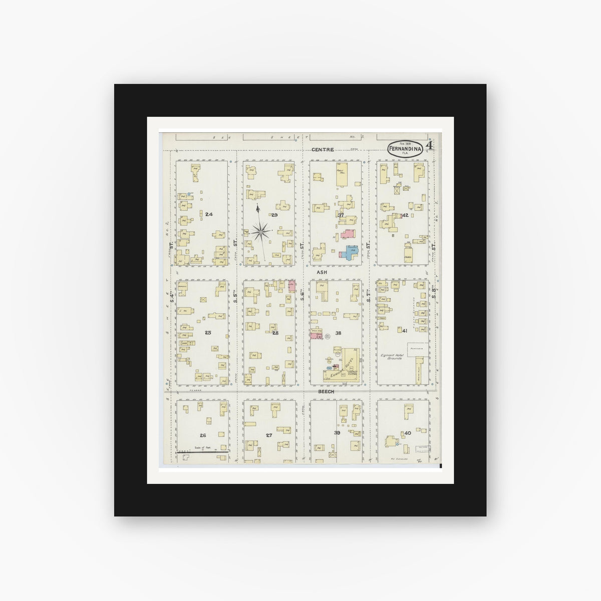 Old map wall art mockup — black gallery frame with white mat — Sanborn Fire Insurance Map from Fernandina, Nassau County, Florida (1891), Sheet #0004