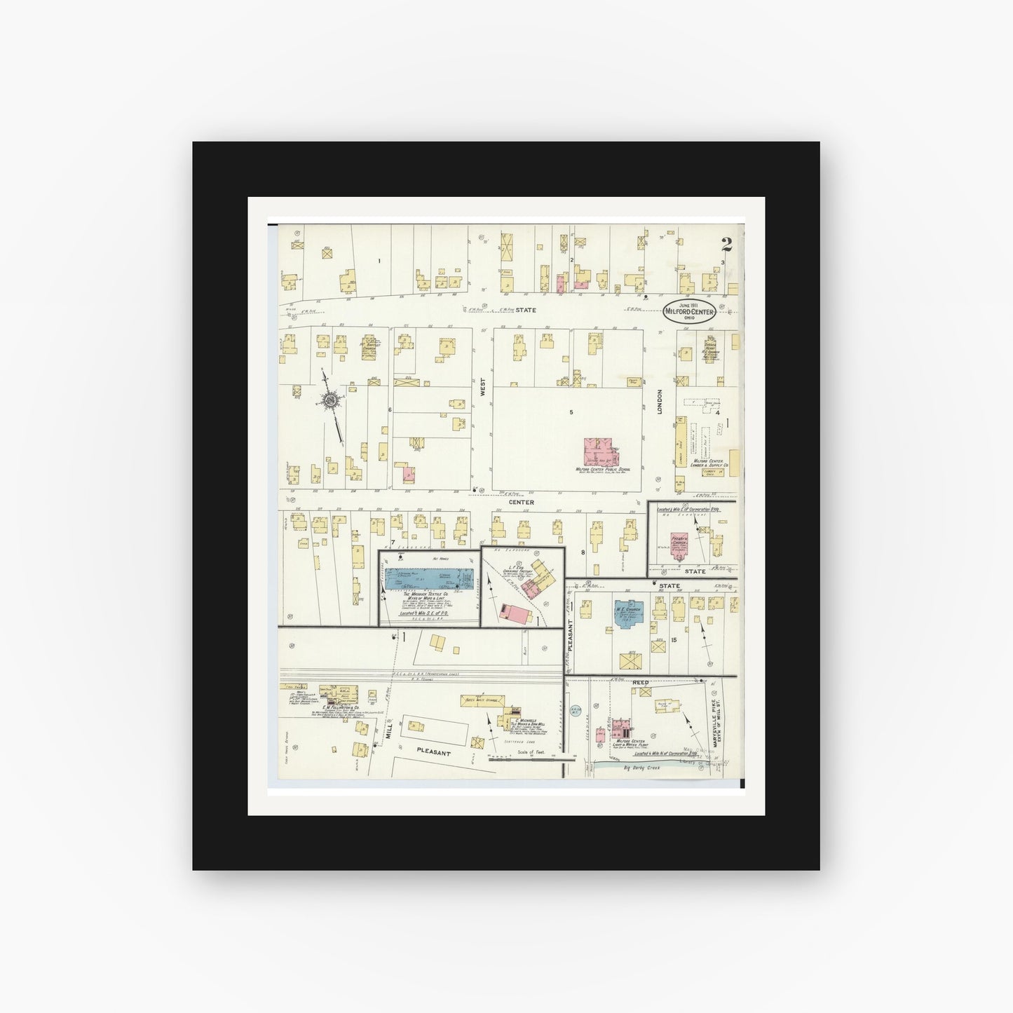 Old map wall art mockup — black gallery frame with white mat — Sanborn Fire Insurance Map from Milford Center, Union County, Ohio (1911), Sheet #0002