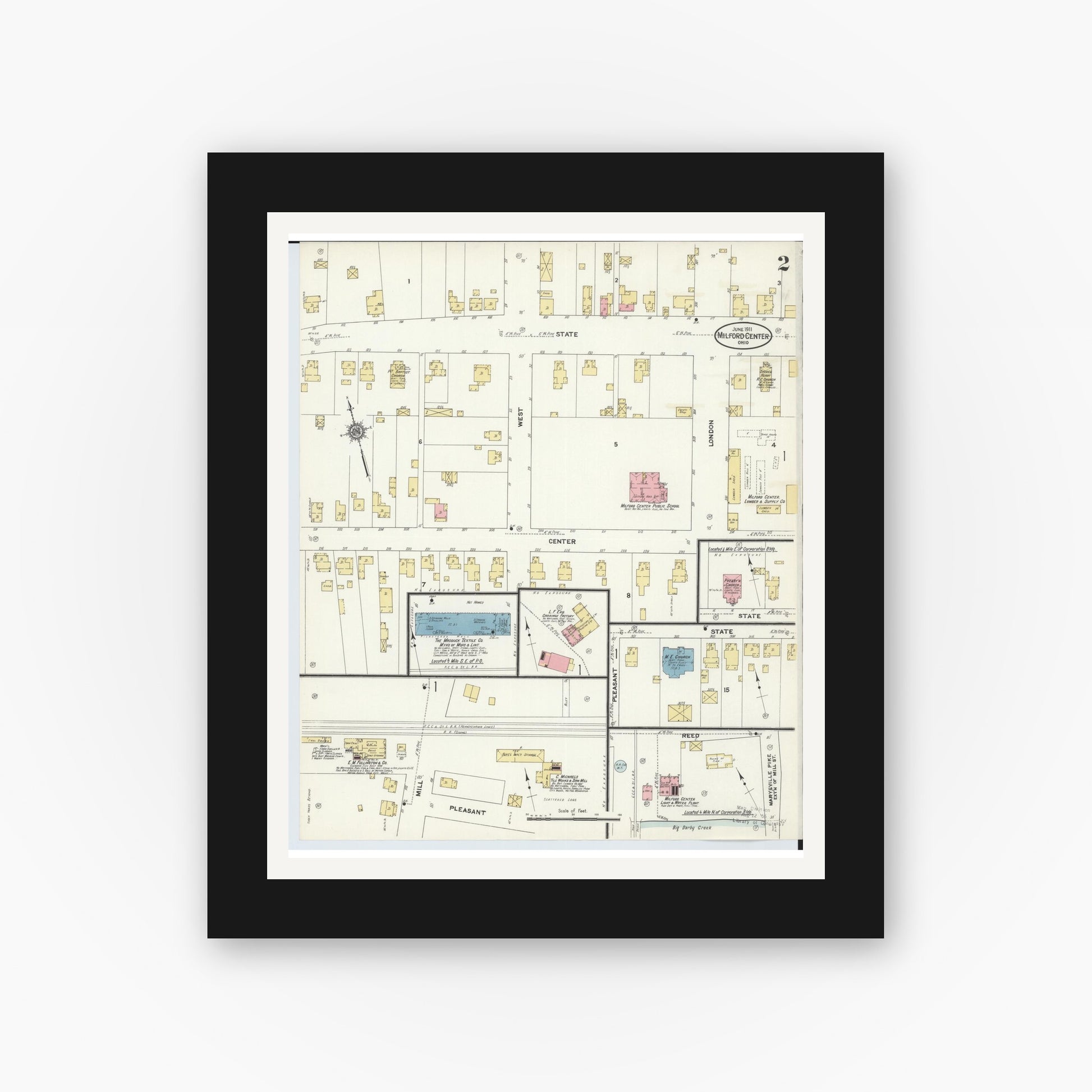 Old map wall art mockup — black gallery frame with white mat — Sanborn Fire Insurance Map from Milford Center, Union County, Ohio (1911), Sheet #0002