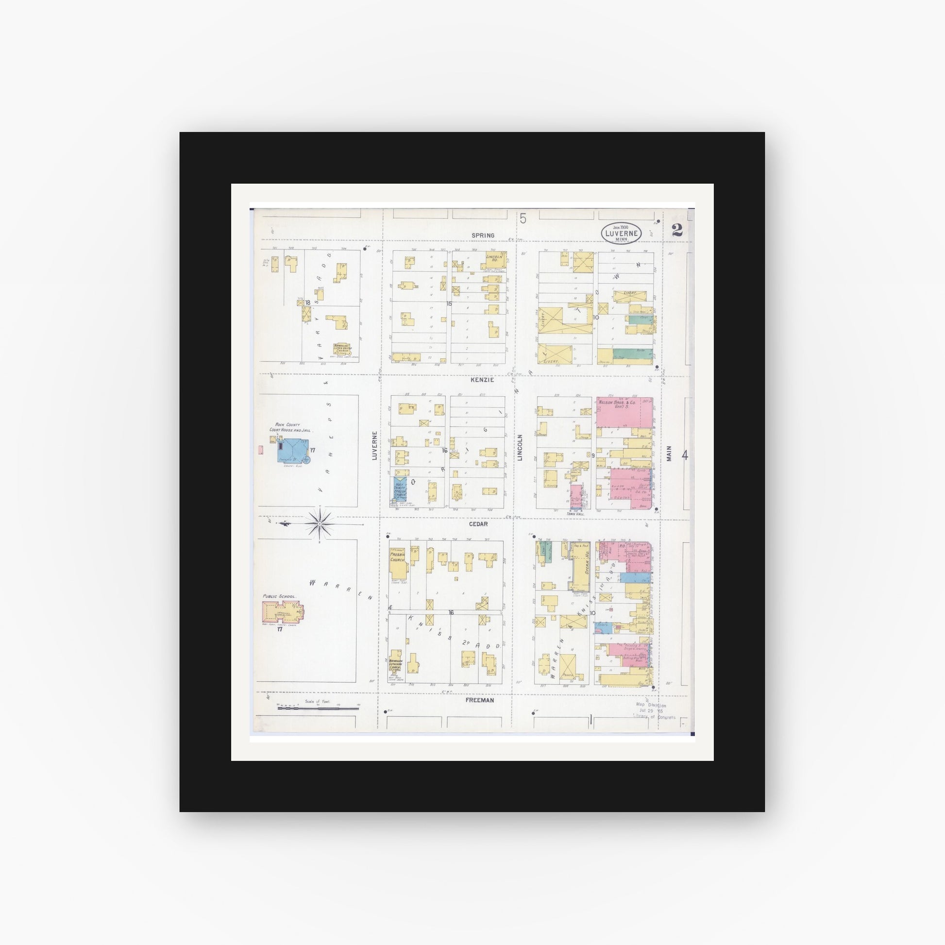 Old map wall art mockup — black gallery frame with white mat — Sanborn Fire Insurance Map from Luverne, Rock County, Minnesota (1900), Sheet #0002