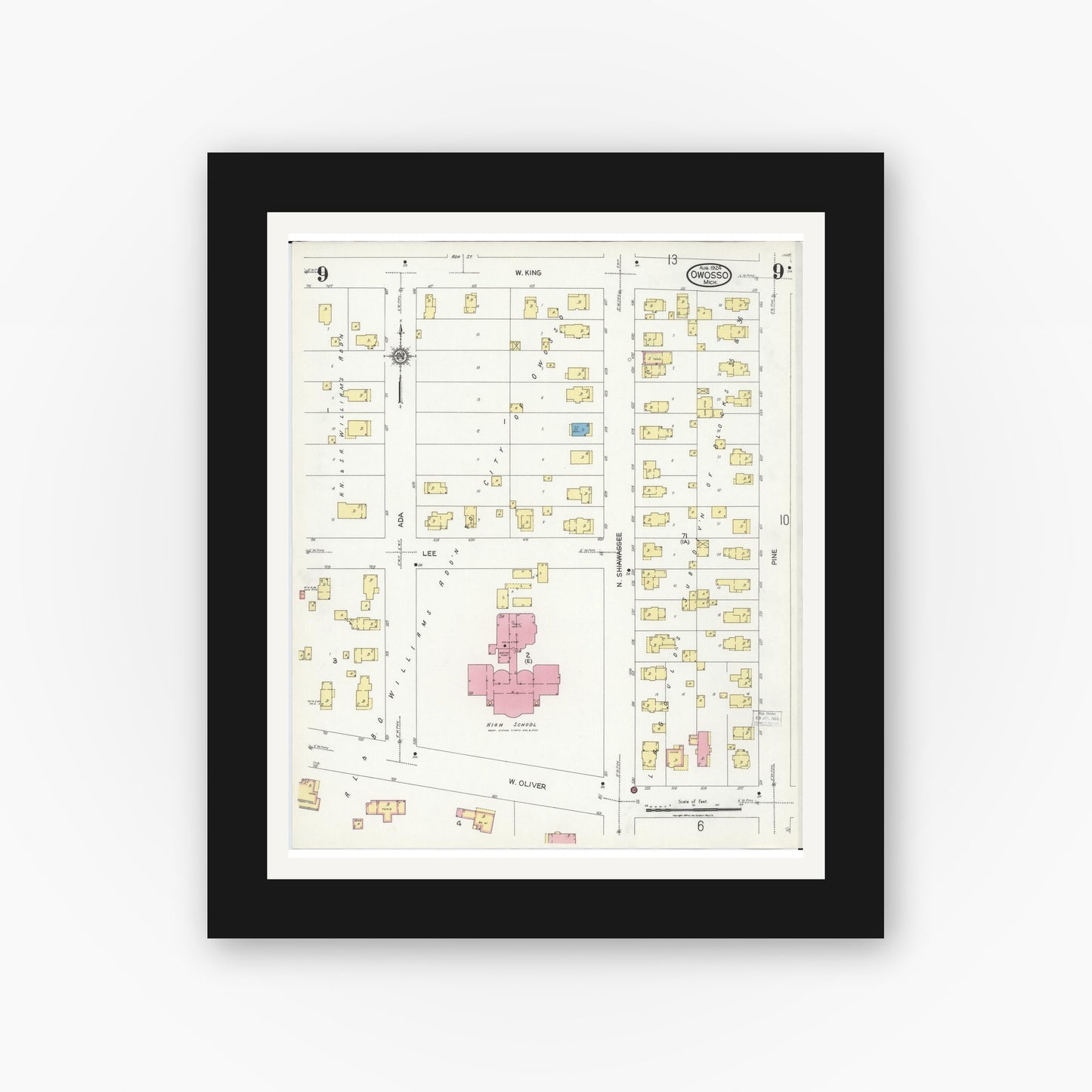 Old map wall art mockup — black gallery frame with white mat — Sanborn Fire Insurance Map from Owosso, Shiawassee County, Michigan (1924), Sheet #0009
