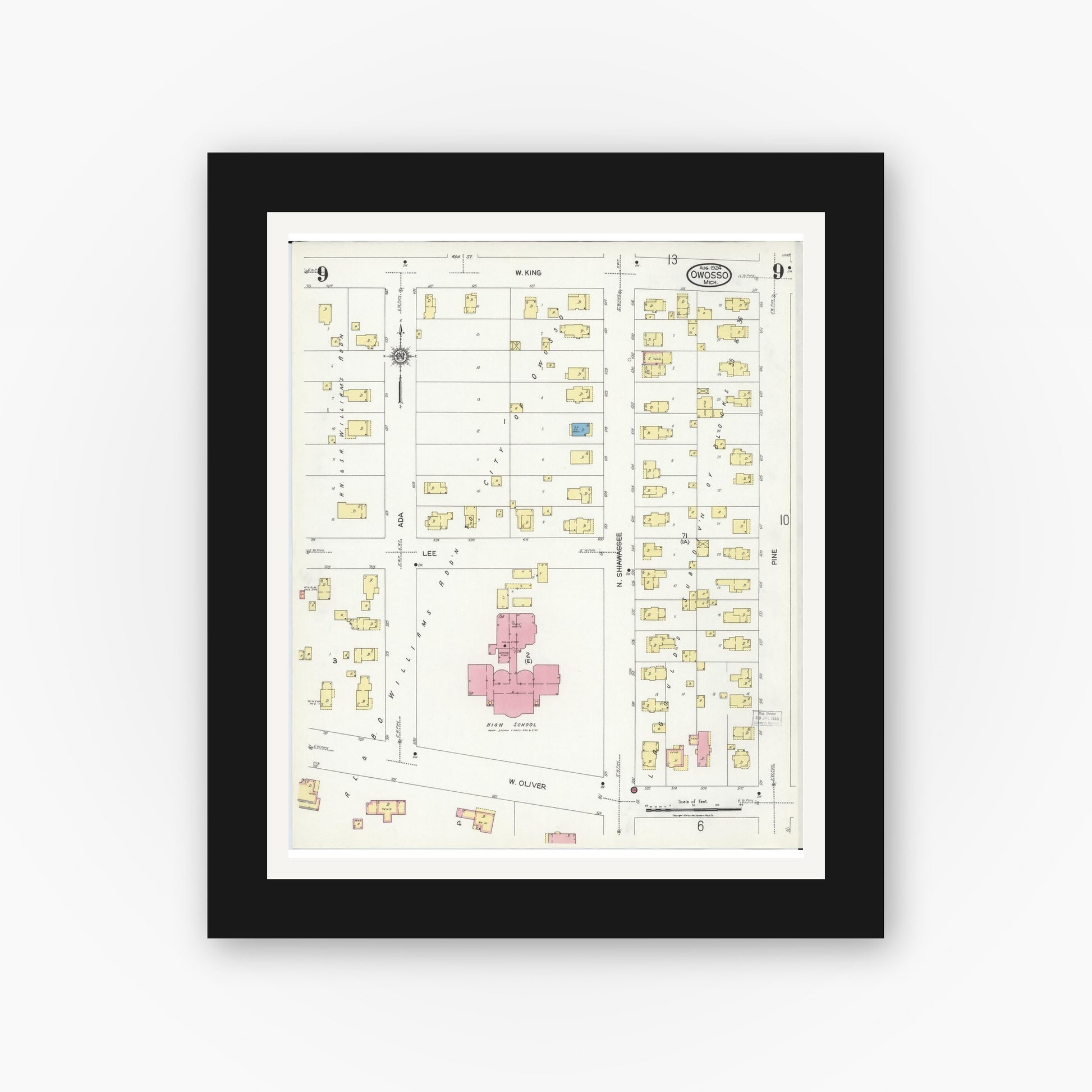 Old map wall art mockup — black gallery frame with white mat — Sanborn Fire Insurance Map from Owosso, Shiawassee County, Michigan (1924), Sheet #0009