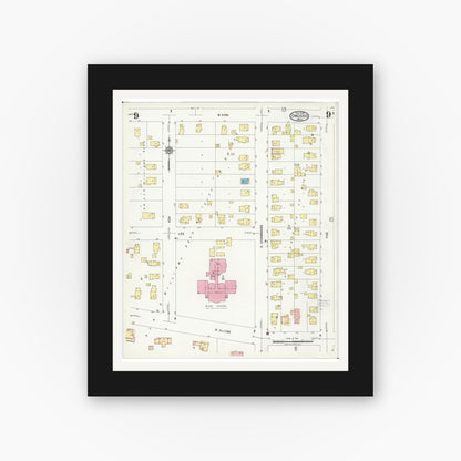 Old map wall art mockup — black gallery frame with white mat — Sanborn Fire Insurance Map from Owosso, Shiawassee County, Michigan (1924), Sheet #0009