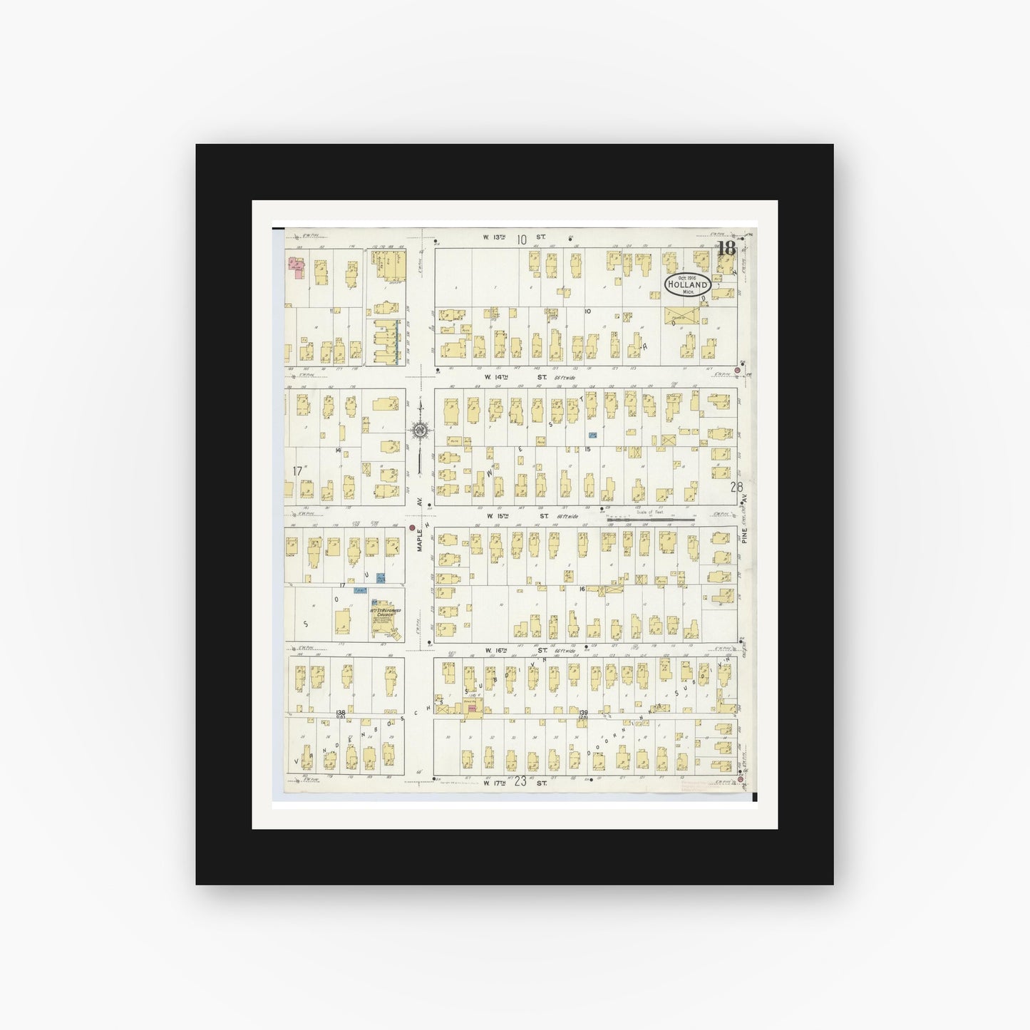 Old map wall art mockup — black gallery frame with white mat — Sanborn Fire Insurance Map from Holland, Ottawa County, Michigan (1916), Sheet #0018