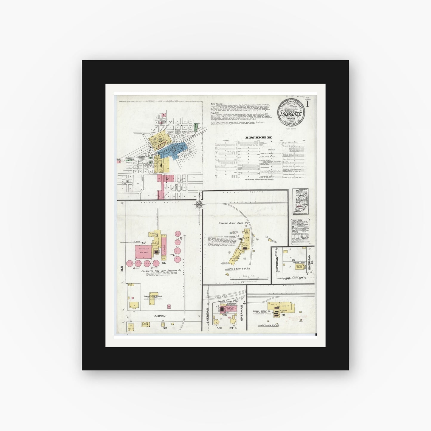 Old map wall art mockup — black gallery frame with white mat — Sanborn Fire Insurance Map from Loogootee, Martin County, Indiana (1920) - Complete Map Set
