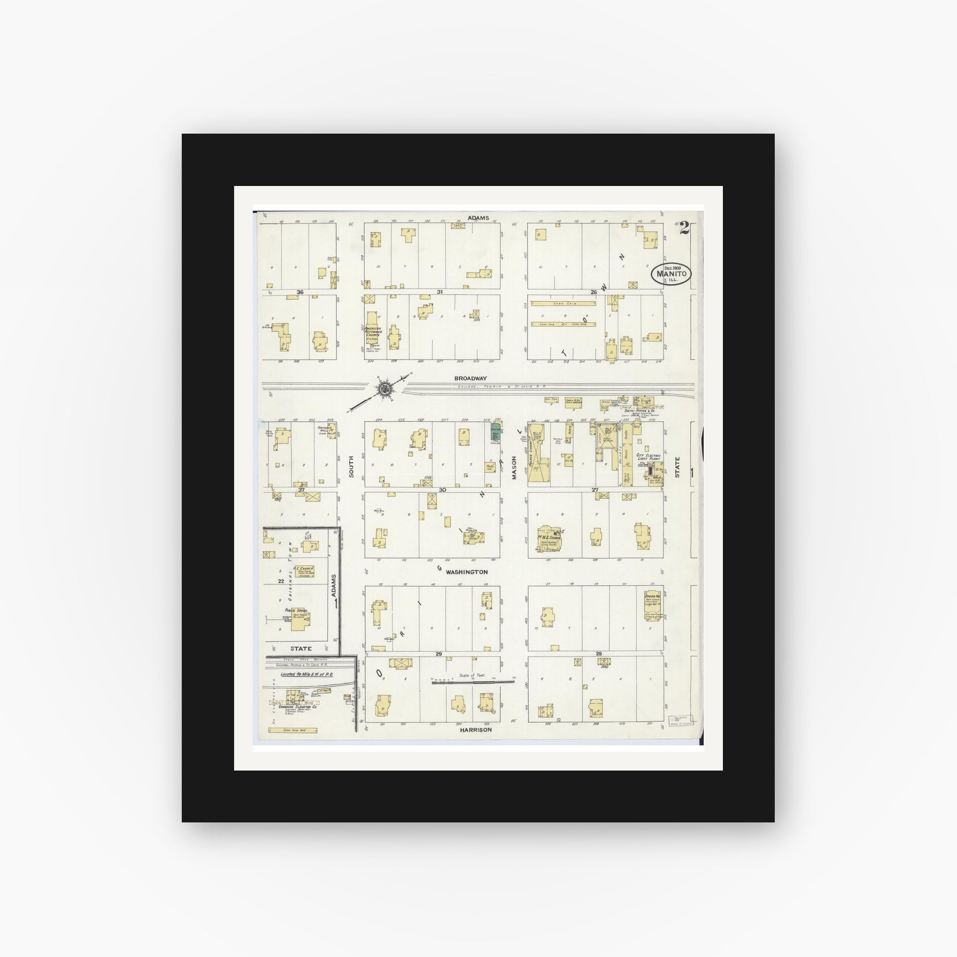 Old map wall art mockup — black gallery frame with white mat — Sanborn Fire Insurance Map from Manito, Mason County, Illinois (1909), Sheet #0002