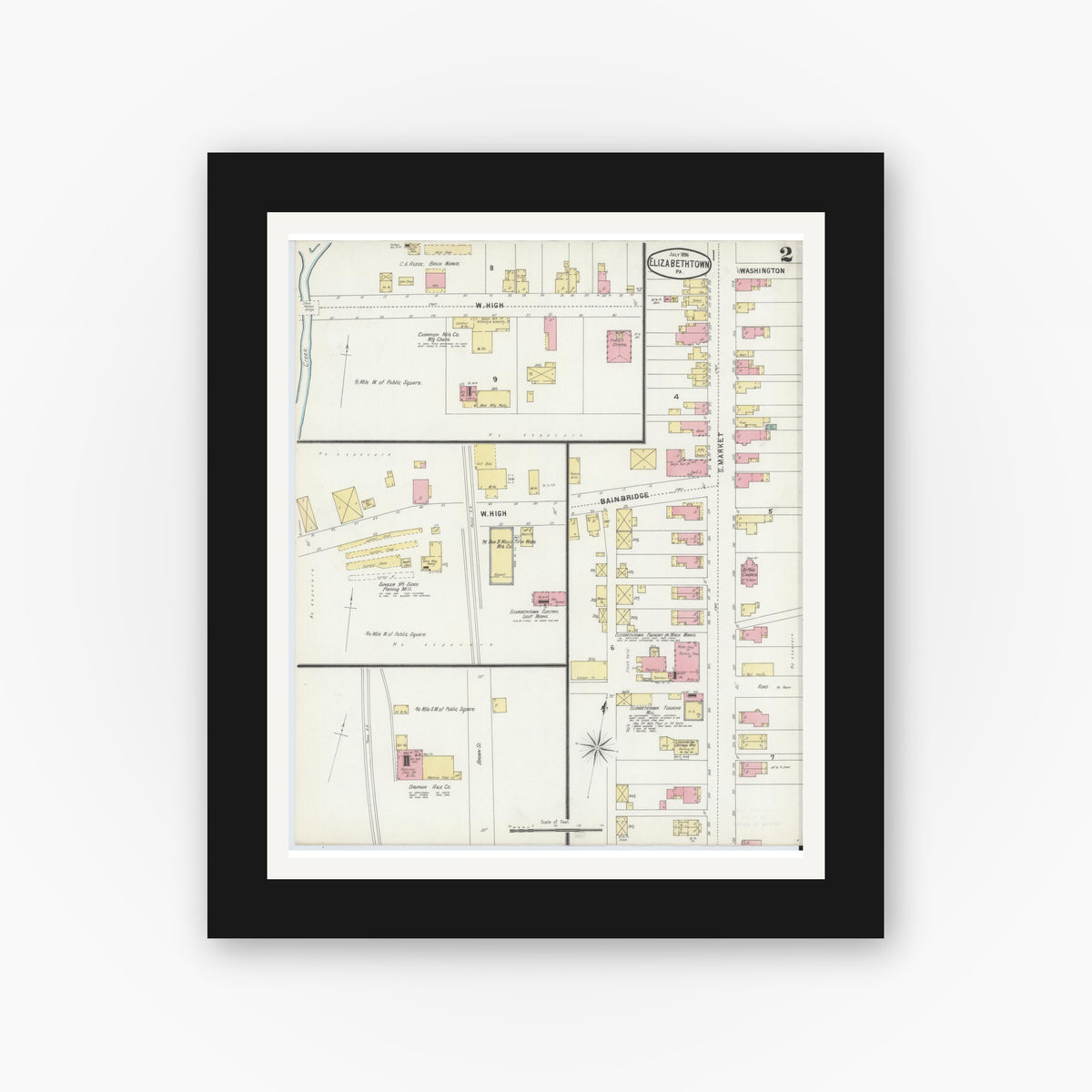 Old map wall art mockup — black gallery frame with white mat — Sanborn Fire Insurance Map from Elizabethtown, Lancaster County, Pennsylvania (1896), Sheet #0002