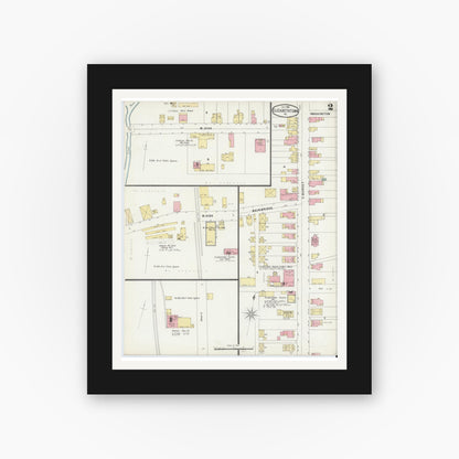 Old map wall art mockup — black gallery frame with white mat — Sanborn Fire Insurance Map from Elizabethtown, Lancaster County, Pennsylvania (1896), Sheet #0002