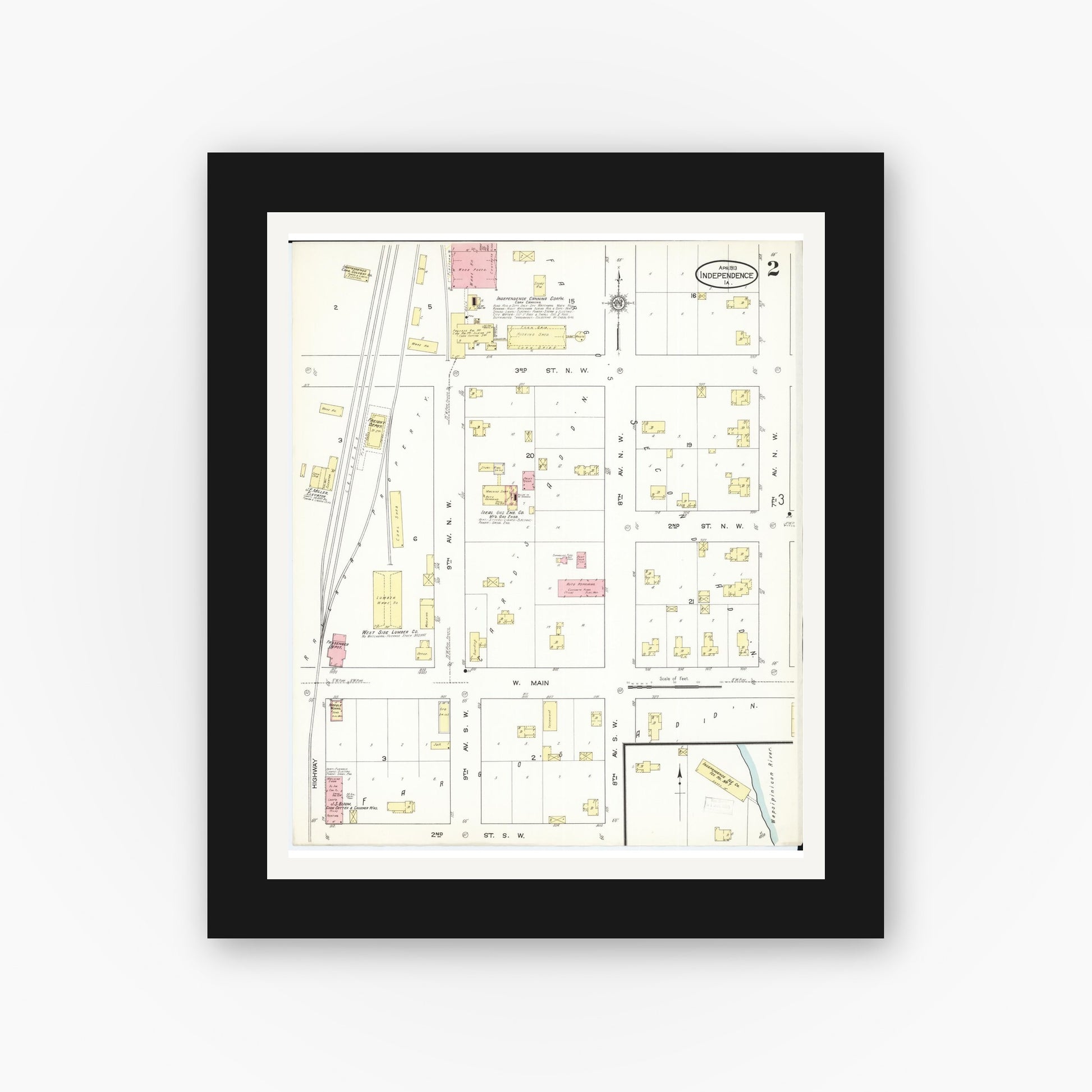 Old map wall art mockup — black gallery frame with white mat — Sanborn Fire Insurance Map from Independence, Buchanan County, Iowa (1913), Sheet #0002