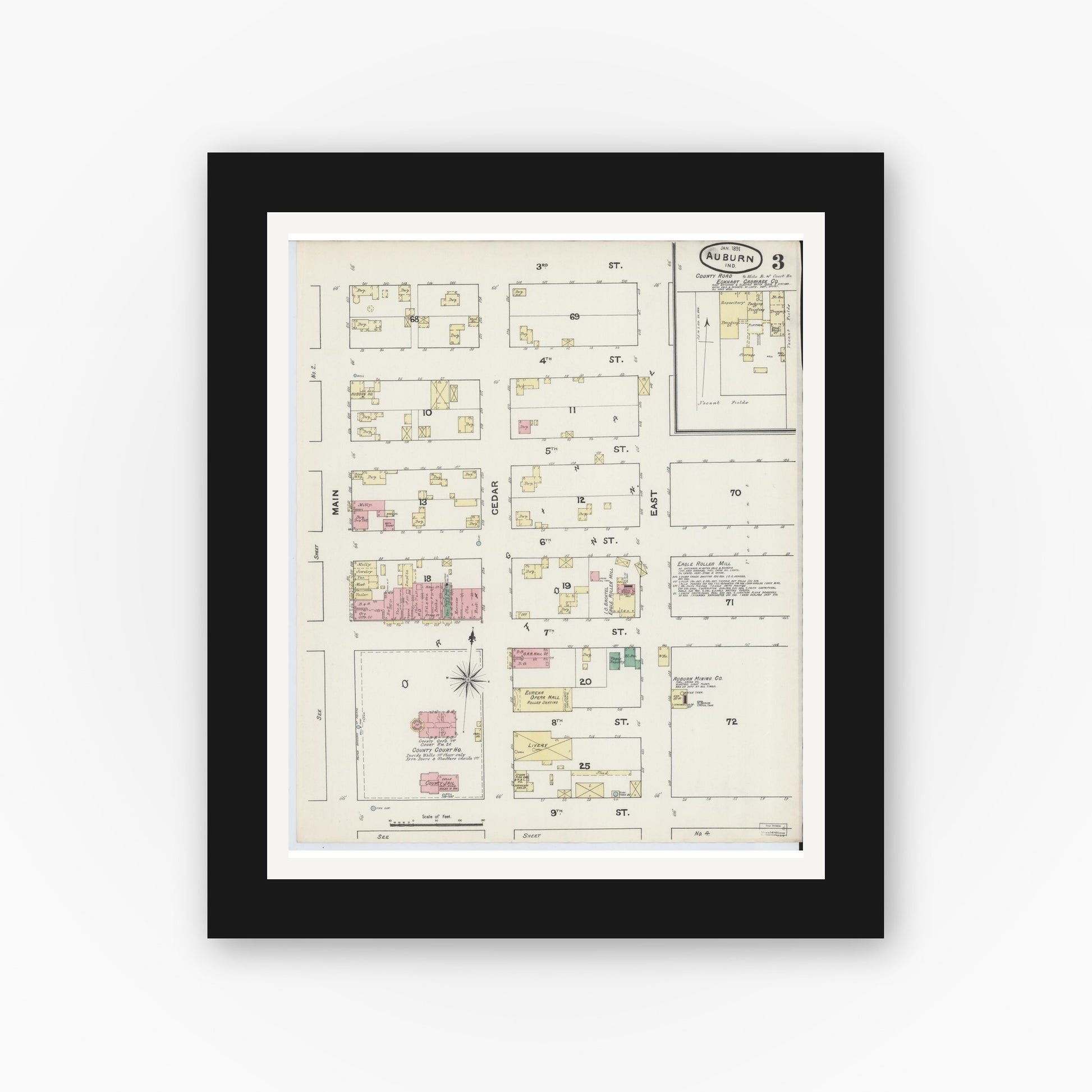 Old map wall art mockup — black gallery frame with white mat — Sanborn Fire Insurance Map from Auburn, De Kalb County, Indiana (1891), Sheet #0003