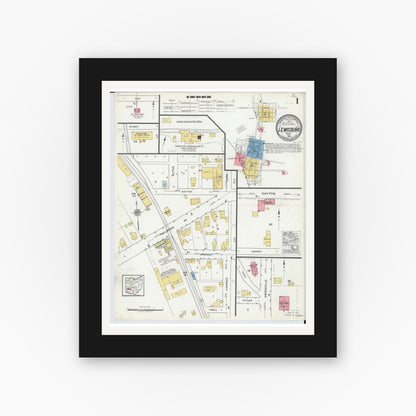 Old map wall art mockup — black gallery frame with white mat — Sanborn Fire Insurance Map from Lewisburg, Preble County, Ohio (1920), Sheet #0001