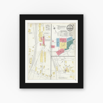 Old map wall art mockup — black gallery frame with white mat — Sanborn Fire Insurance Map from Tunkhannock, Wyoming County, Pennsylvania (1911), Sheet #0001