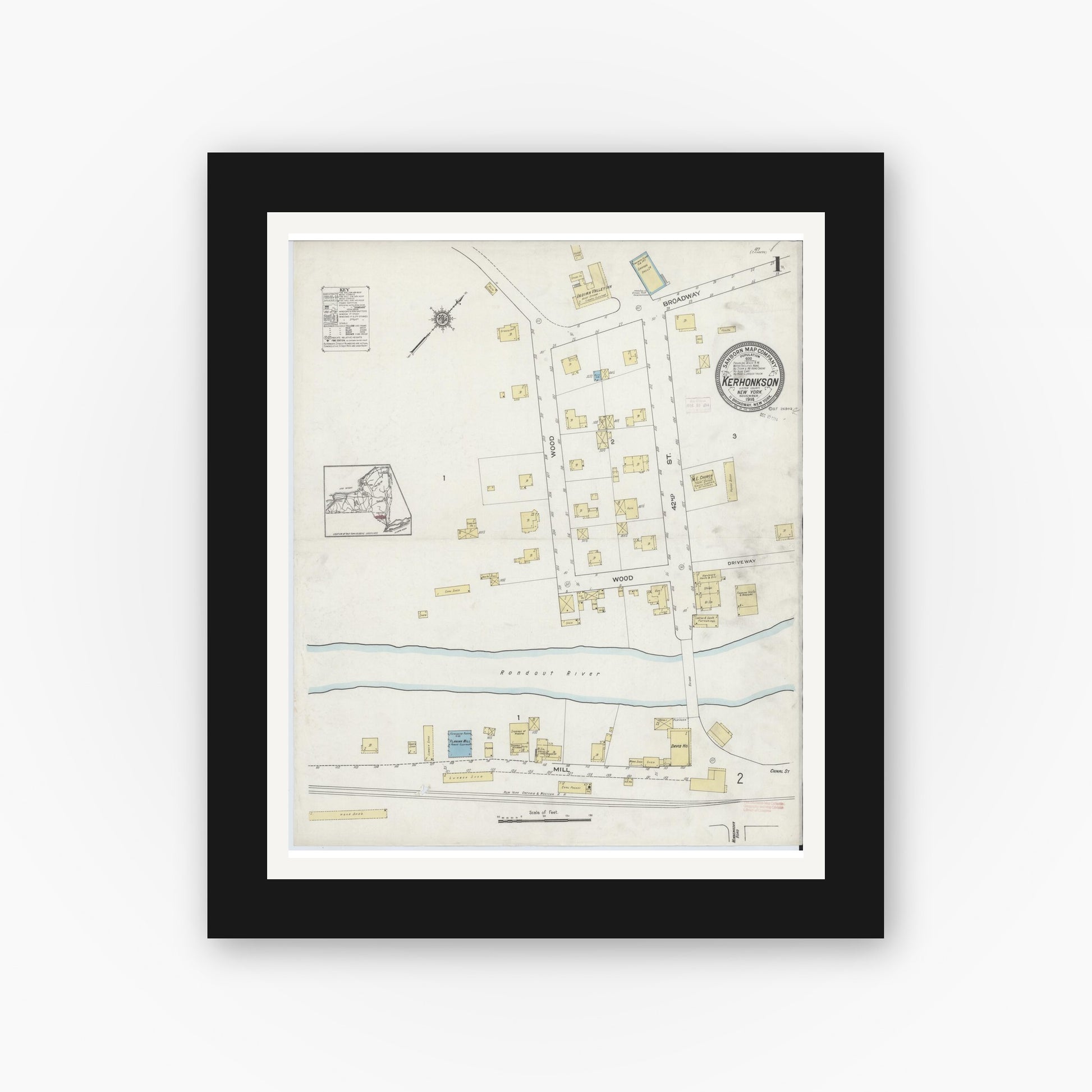 Old map wall art mockup — black gallery frame with white mat — Sanborn Fire Insurance Map from Kerhonkson, Ulster County, New York (1914) - Complete Map Set