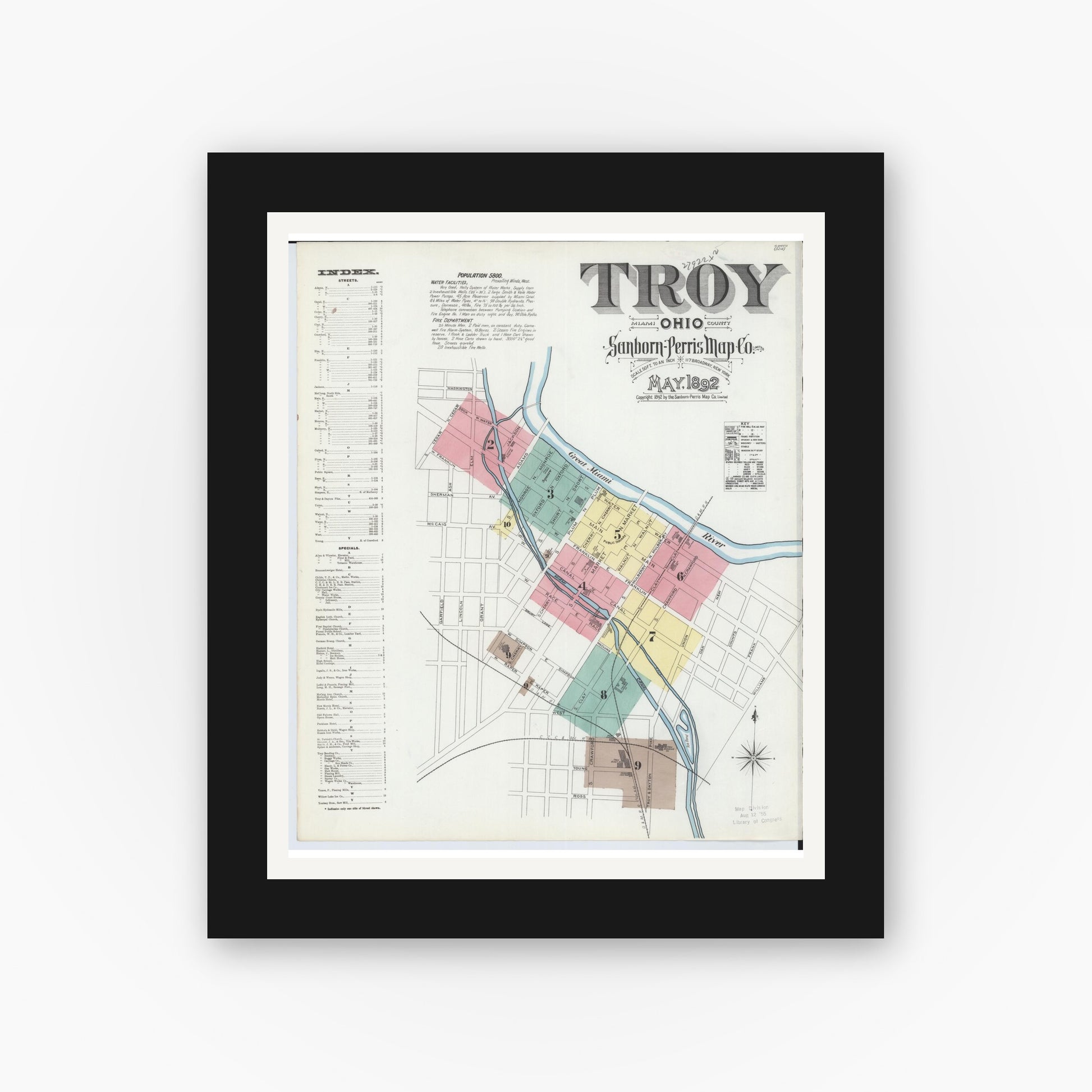 Old map wall art mockup — black gallery frame with white mat — Sanborn Fire Insurance Map from Troy, Miami County, Ohio (1892) - Complete Map Set