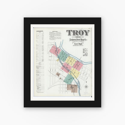 Old map wall art mockup — black gallery frame with white mat — Sanborn Fire Insurance Map from Troy, Miami County, Ohio (1892) - Complete Map Set