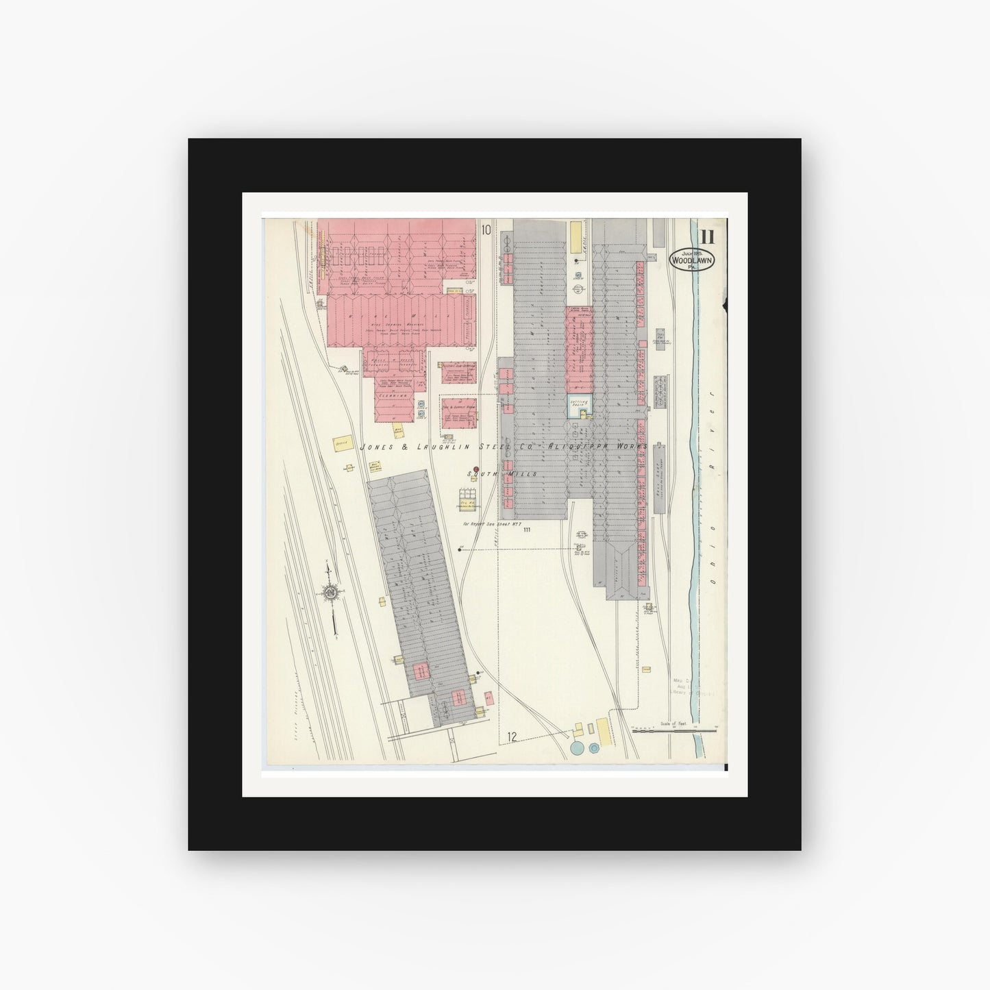 Old map wall art mockup — black gallery frame with white mat — Sanborn Fire Insurance Map from Woodlawn, Beaver County, Pennsylvania (1915), Sheet #0011