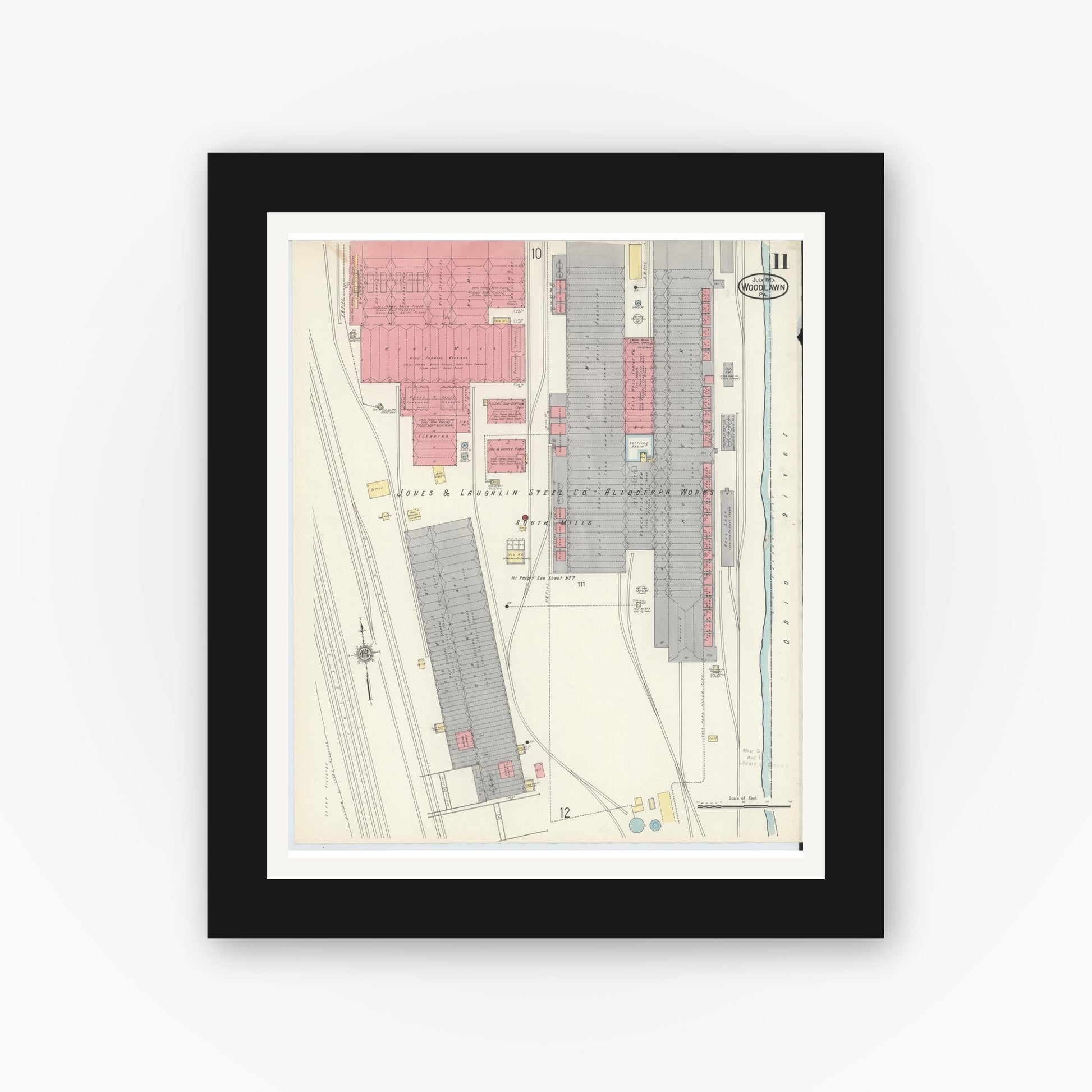 Old map wall art mockup — black gallery frame with white mat — Sanborn Fire Insurance Map from Woodlawn, Beaver County, Pennsylvania (1915), Sheet #0011