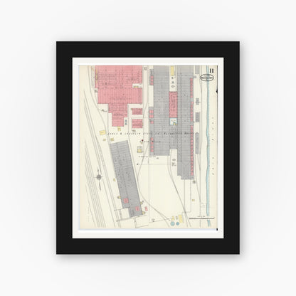 Old map wall art mockup — black gallery frame with white mat — Sanborn Fire Insurance Map from Woodlawn, Beaver County, Pennsylvania (1915), Sheet #0011