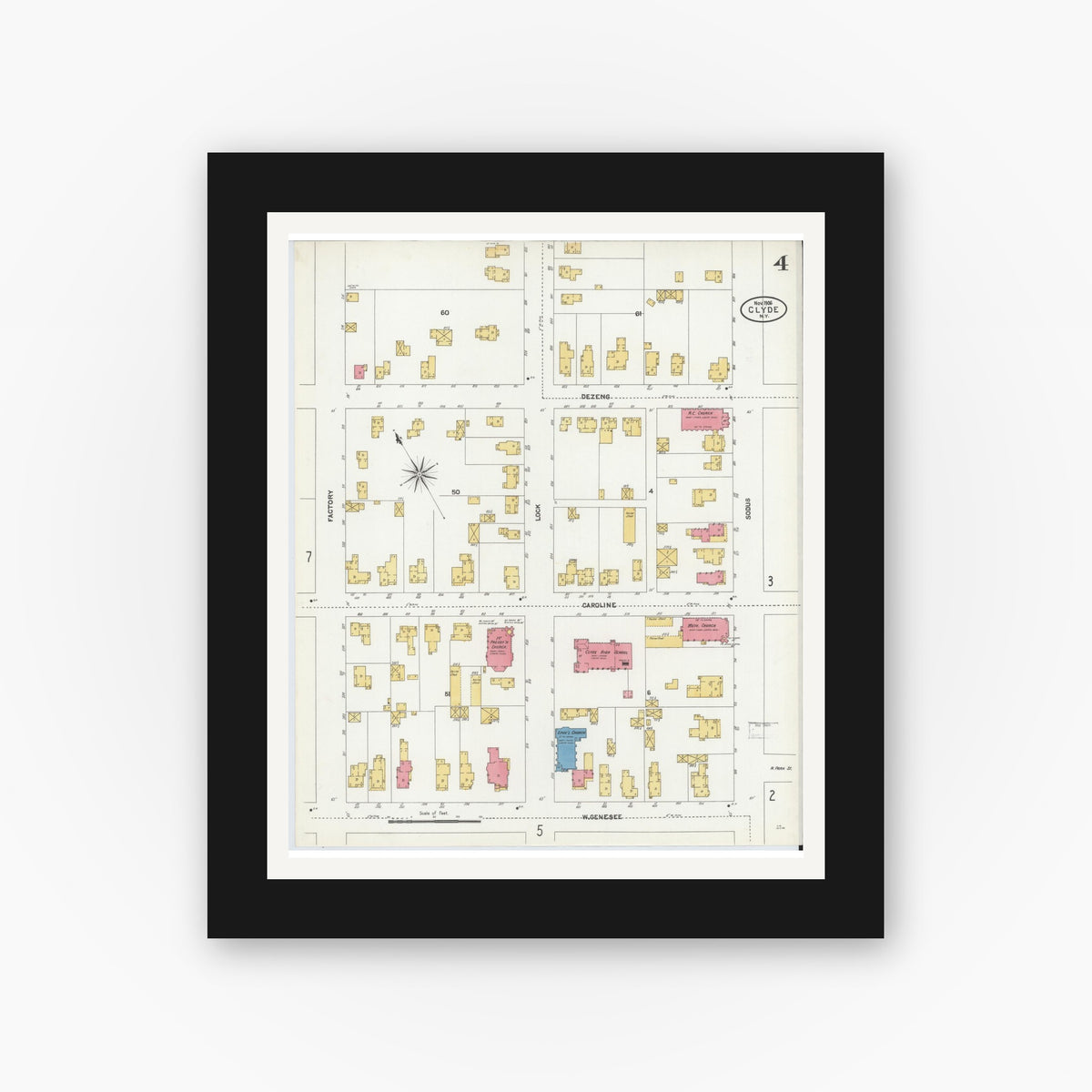 Old map wall art mockup — black gallery frame with white mat — Sanborn Fire Insurance Map from Clyde, Wayne County, New York (1906), Sheet #0004