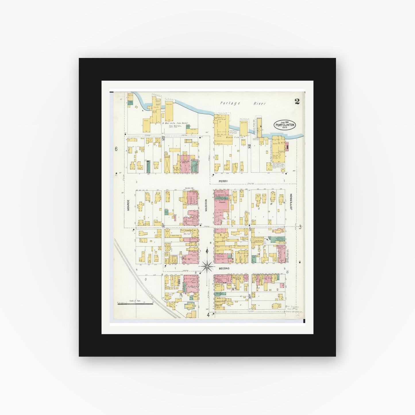 Old map wall art mockup — black gallery frame with white mat — Sanborn Fire Insurance Map from Port Clinton, Ottawa County, Ohio (1904), Sheet #0002