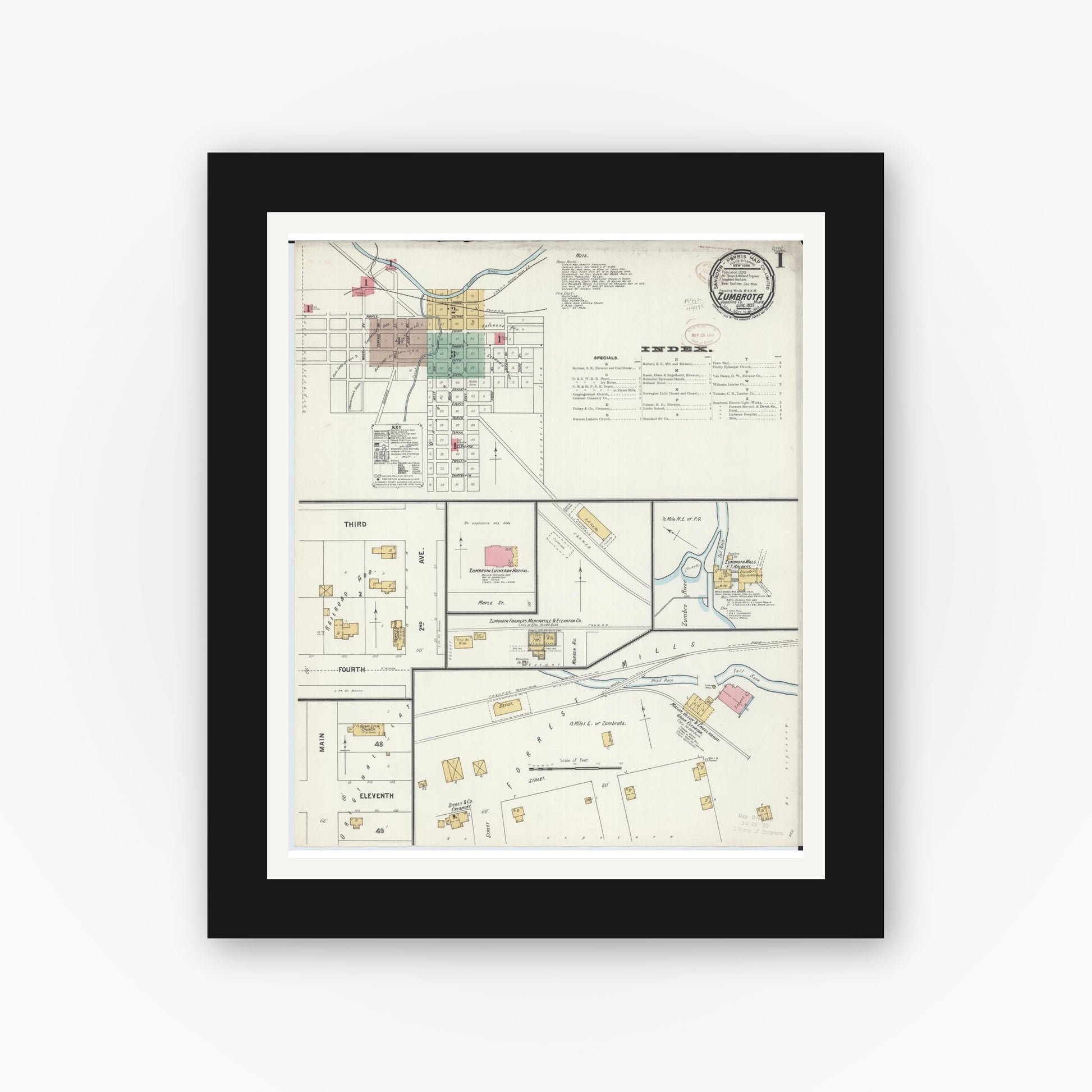 Old map wall art mockup — black gallery frame with white mat — Sanborn Fire Insurance Map from Zumbrota, Goodhue County, Minnesota (1899) - Complete Map Set