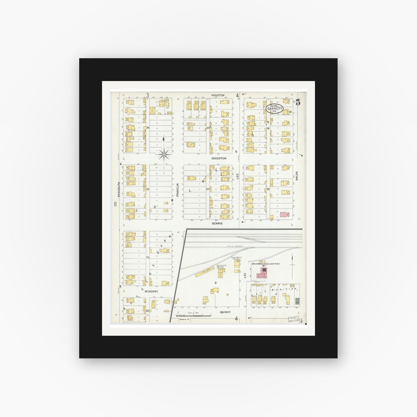 Old map wall art mockup — black gallery frame with white mat — Sanborn Fire Insurance Map from Garrett, De Kalb County, Indiana (1901), Sheet #0005