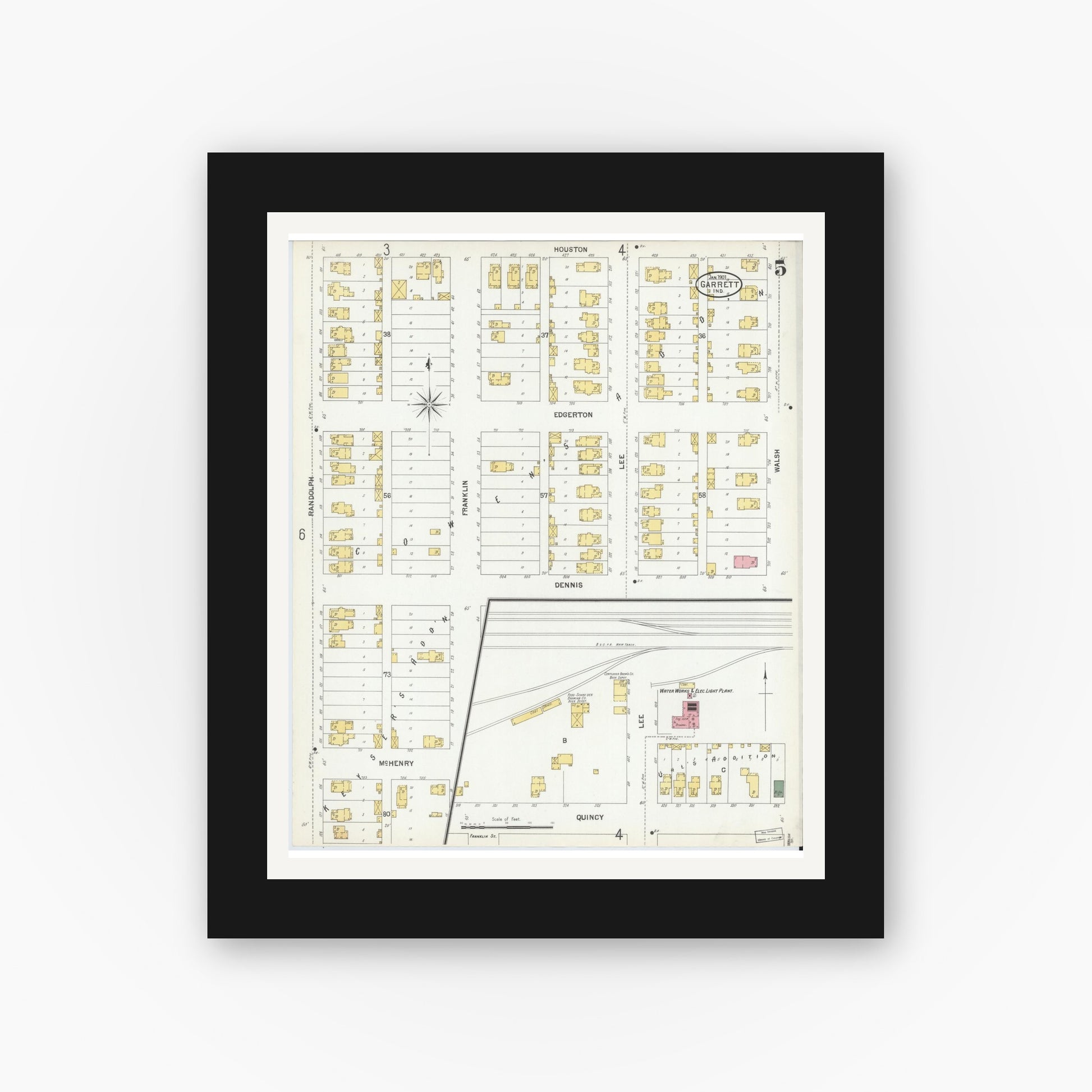 Old map wall art mockup — black gallery frame with white mat — Sanborn Fire Insurance Map from Garrett, De Kalb County, Indiana (1901), Sheet #0005
