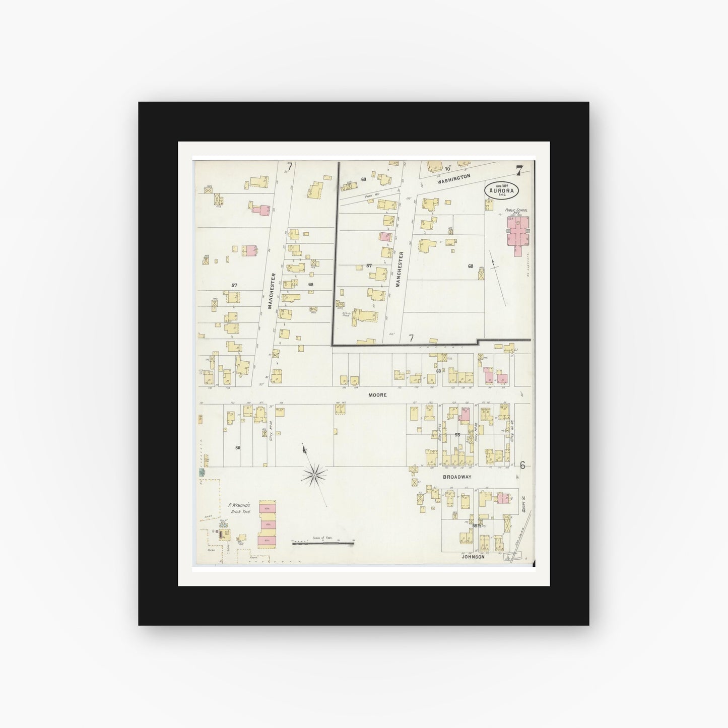 Old map wall art mockup — black gallery frame with white mat — Sanborn Fire Insurance Map from Aurora, Dearborn County, Indiana (1897), Sheet #0007