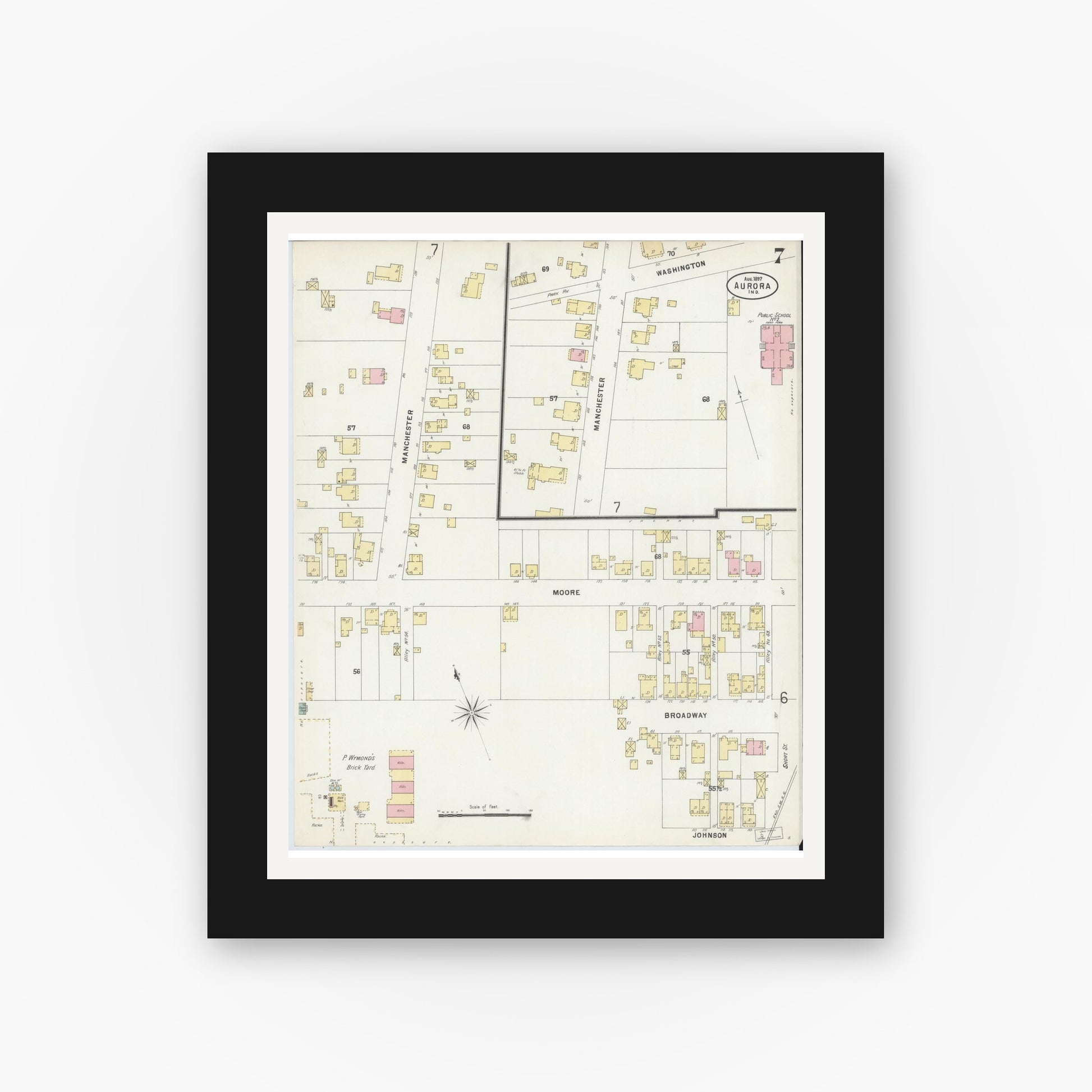 Old map wall art mockup — black gallery frame with white mat — Sanborn Fire Insurance Map from Aurora, Dearborn County, Indiana (1897), Sheet #0007
