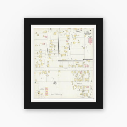 Old map wall art mockup — black gallery frame with white mat — Sanborn Fire Insurance Map from Aurora, Dearborn County, Indiana (1897), Sheet #0007