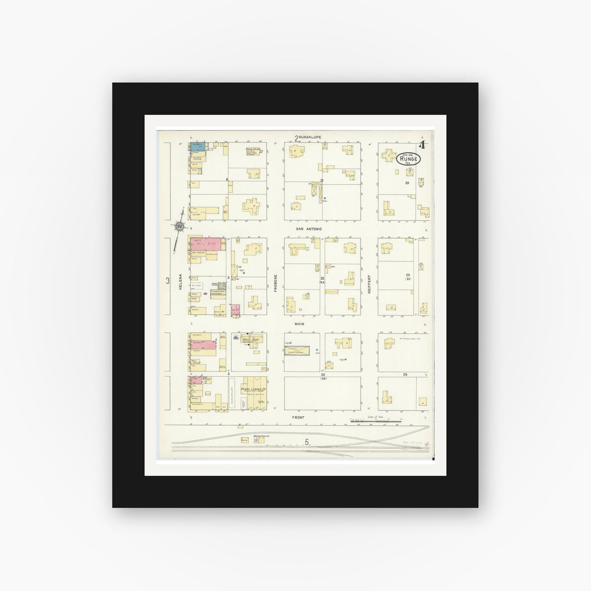 Old map wall art mockup — black gallery frame with white mat — Sanborn Fire Insurance Map from Runge, Karnes County, Texas (1912), Sheet #0004