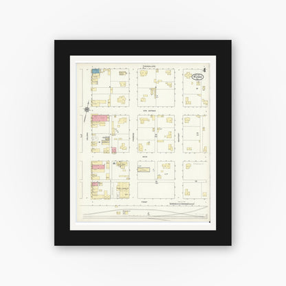 Old map wall art mockup — black gallery frame with white mat — Sanborn Fire Insurance Map from Runge, Karnes County, Texas (1912), Sheet #0004