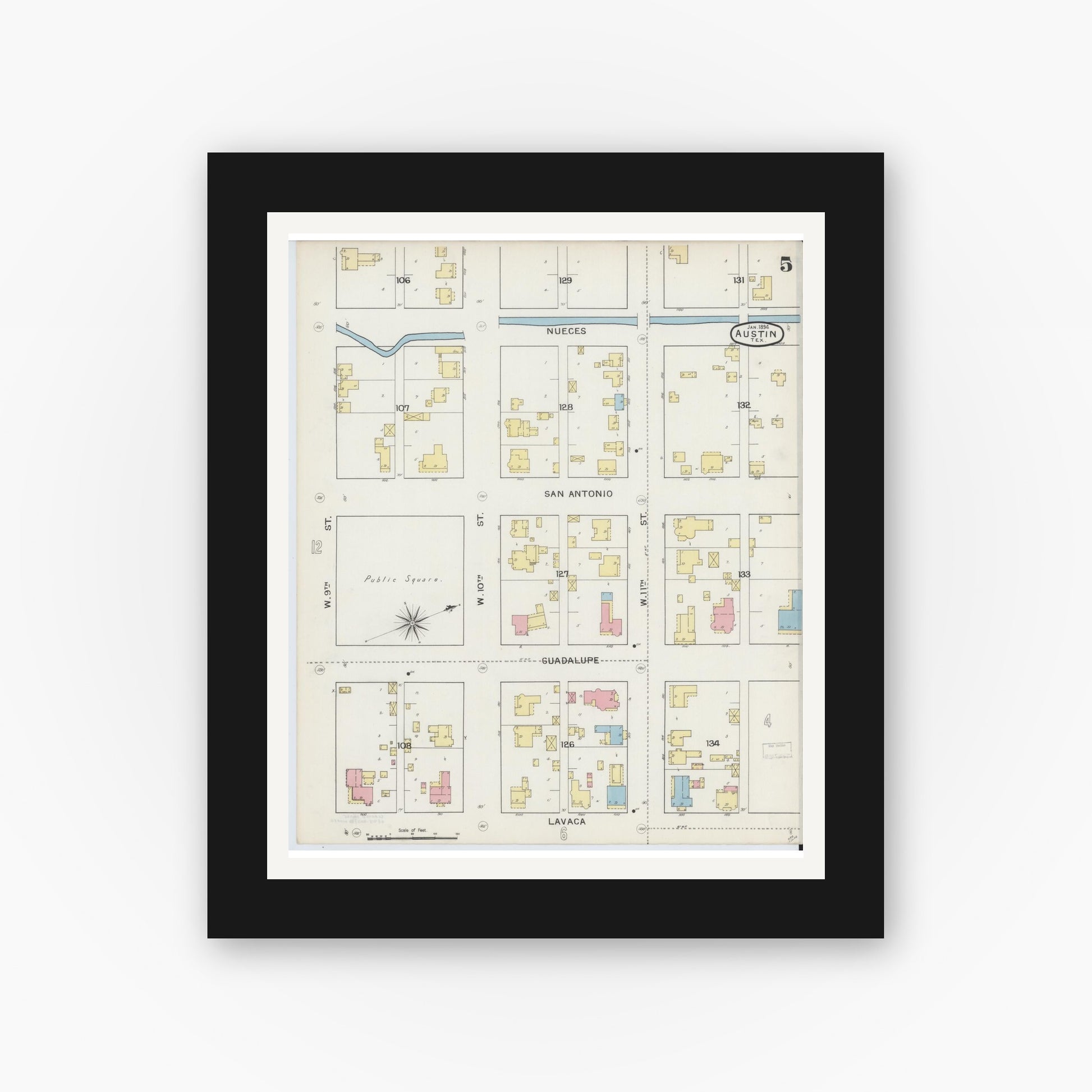Old map wall art mockup — black gallery frame with white mat — Sanborn Fire Insurance Map from Austin, Travis County, Texas (1894), Sheet #0005