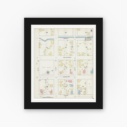Old map wall art mockup — black gallery frame with white mat — Sanborn Fire Insurance Map from Austin, Travis County, Texas (1894), Sheet #0005
