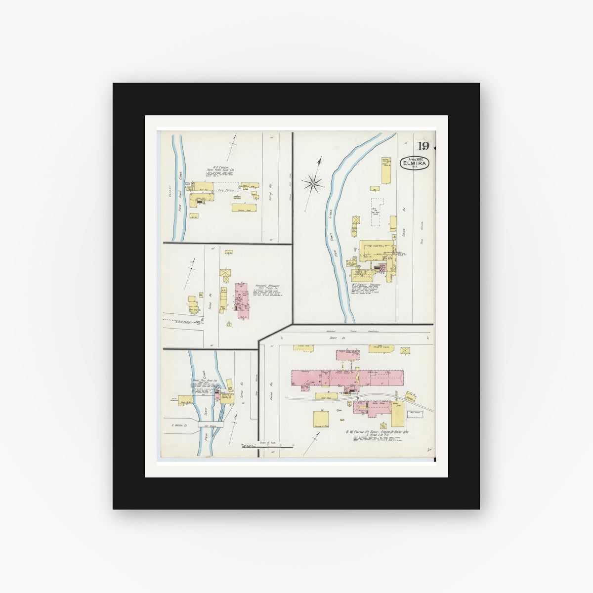 Old map wall art mockup — black gallery frame with white mat — Sanborn Fire Insurance Map from Elmira, Chemung County, New York (1892), Sheet #0019