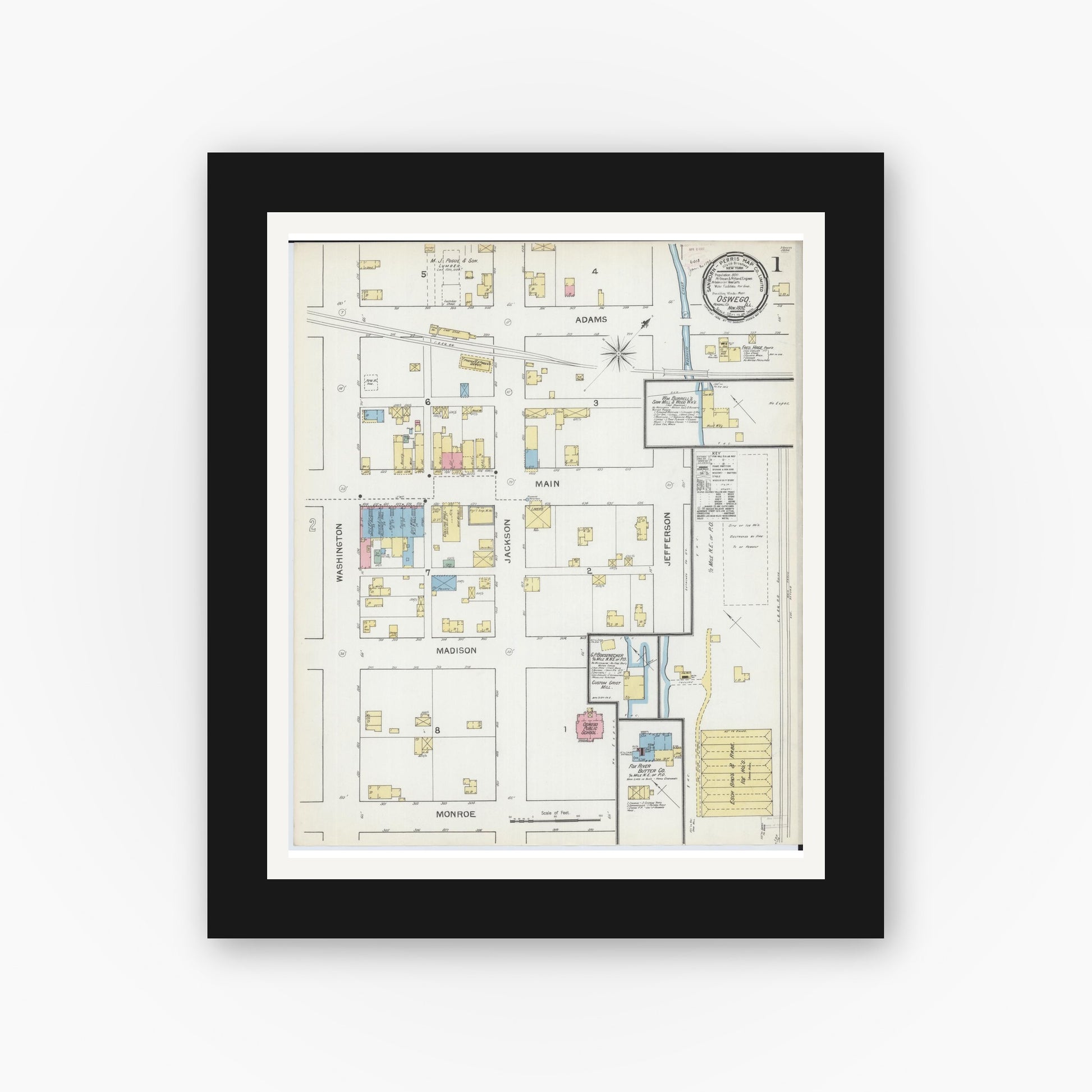 Old map wall art mockup — black gallery frame with white mat — Sanborn Fire Insurance Map from Oswego, Kendall County, Illinois (1892) - Complete Map Set