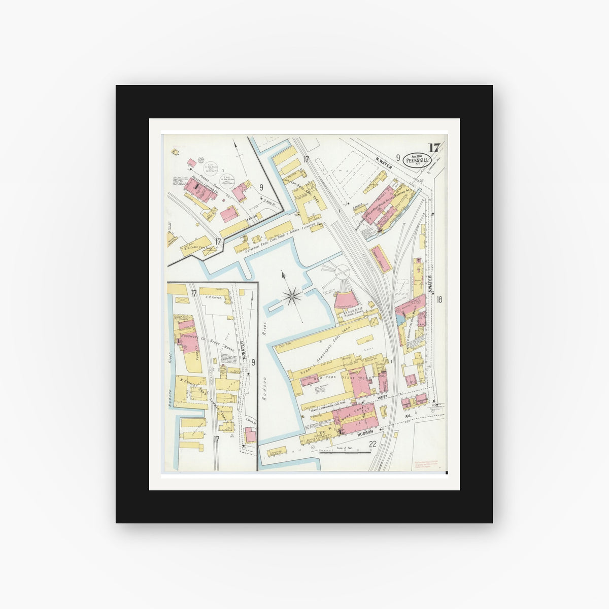 Old map wall art mockup — black gallery frame with white mat — Sanborn Fire Insurance Map from Peekskill, Westchester County, New York (1900), Sheet #0017