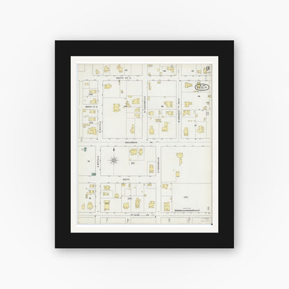 Old map wall art mockup — black gallery frame with white mat — Sanborn Fire Insurance Map from Ocala, Marion County, Florida (1895), Sheet #0009