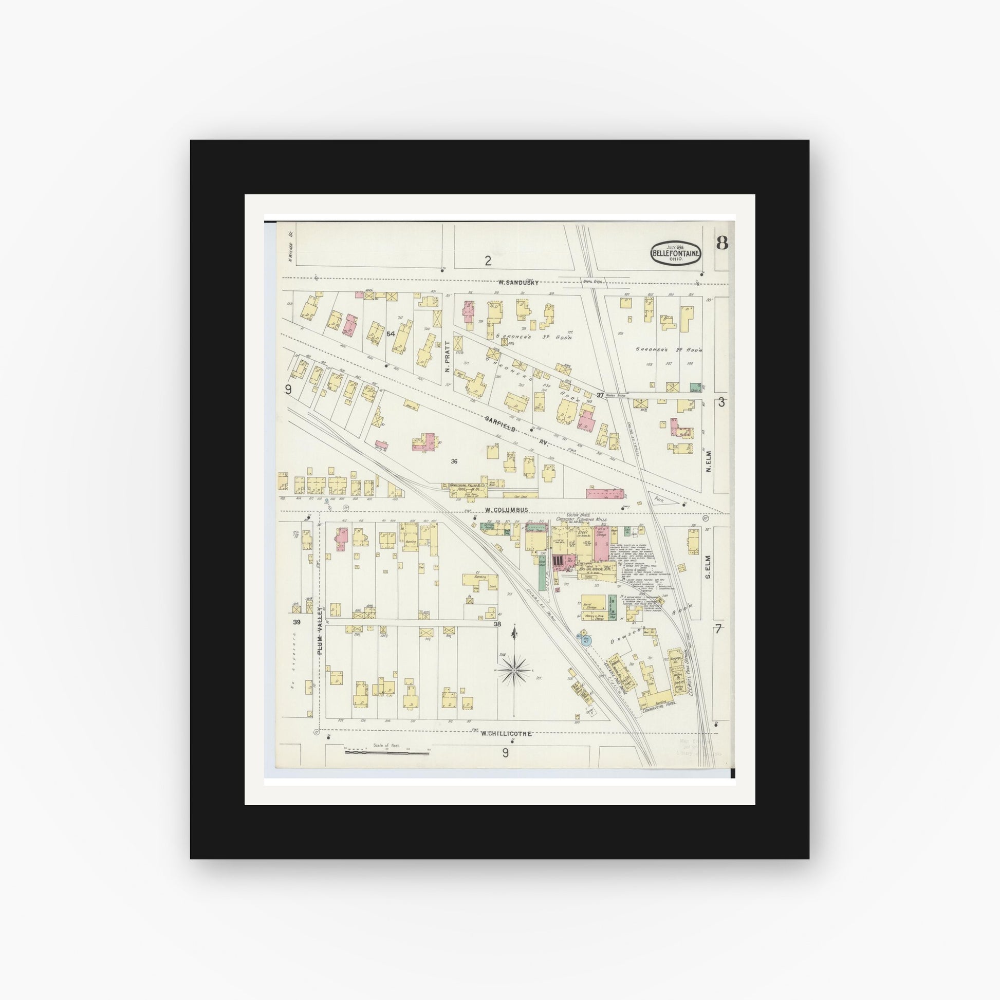 Old map wall art mockup — black gallery frame with white mat — Sanborn Fire Insurance Map from Bellefontaine, Logan County, Ohio (1896), Sheet #0008