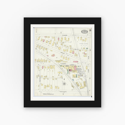 Old map wall art mockup — black gallery frame with white mat — Sanborn Fire Insurance Map from Bellefontaine, Logan County, Ohio (1896), Sheet #0008