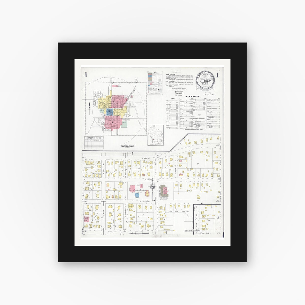 Old map wall art mockup — black gallery frame with white mat — Sanborn Fire Insurance Map from Viroqua, Vernon County, Wisconsin (1933) - Complete Map Set