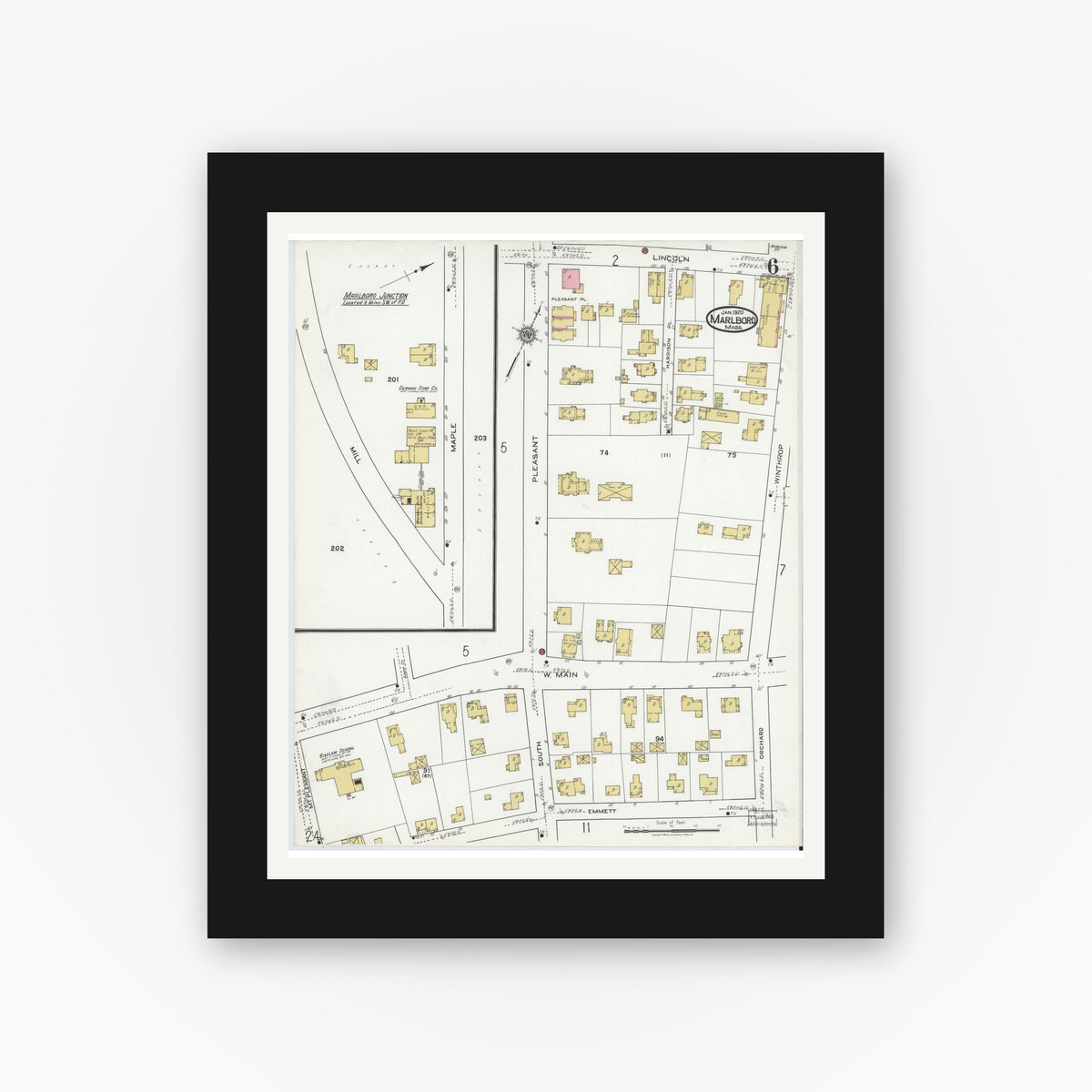 Old map wall art mockup — black gallery frame with white mat — Sanborn Fire Insurance Map from Marlborough, Middlesex County, Massachusetts (1920), Sheet #0006