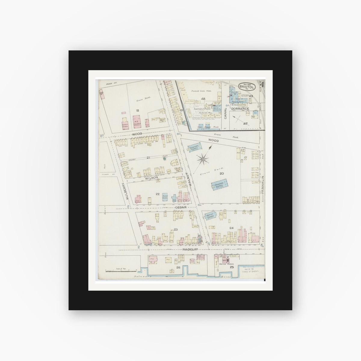 Old map wall art mockup — black gallery frame with white mat — Sanborn Fire Insurance Map from Bristol, Bucks County, Pennsylvania (1886), Sheet #0004