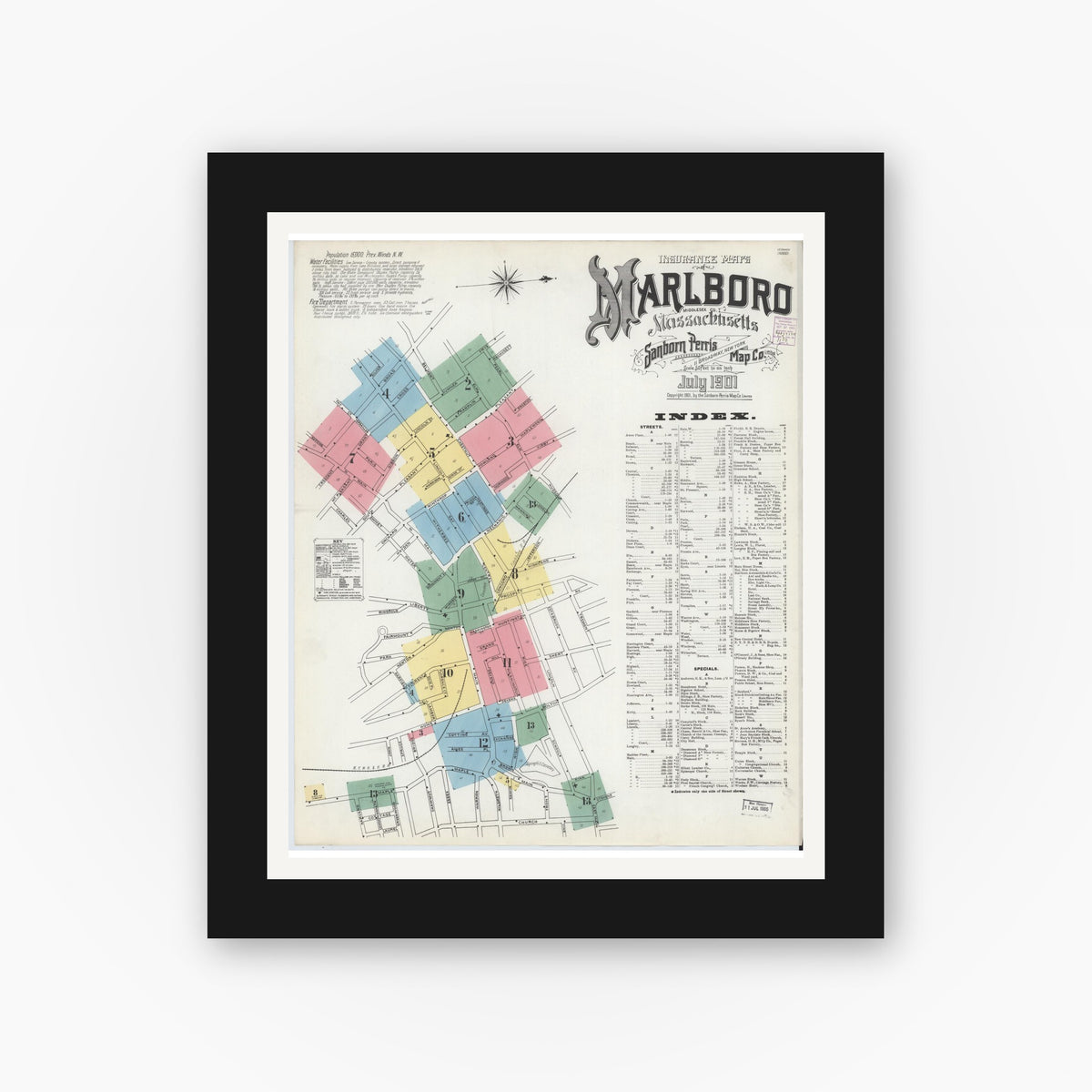 Old map wall art mockup — black gallery frame with white mat — Sanborn Fire Insurance Map from Marlborough, Middlesex County, Massachusetts (1901) - Complete Map Set