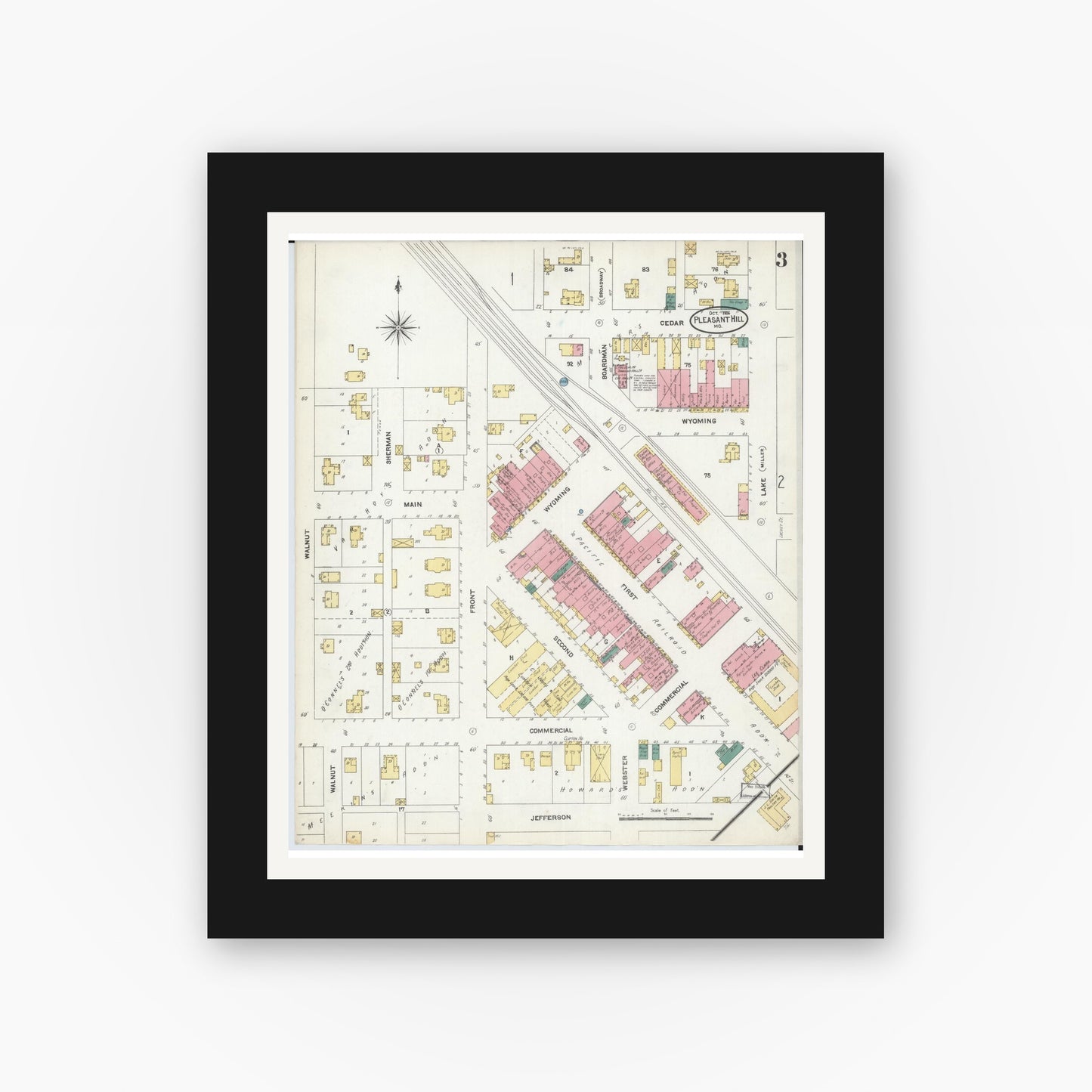 Old map wall art mockup — black gallery frame with white mat — Sanborn Fire Insurance Map from Pleasant Hill, Cass County, Missouri (1906), Sheet #0003