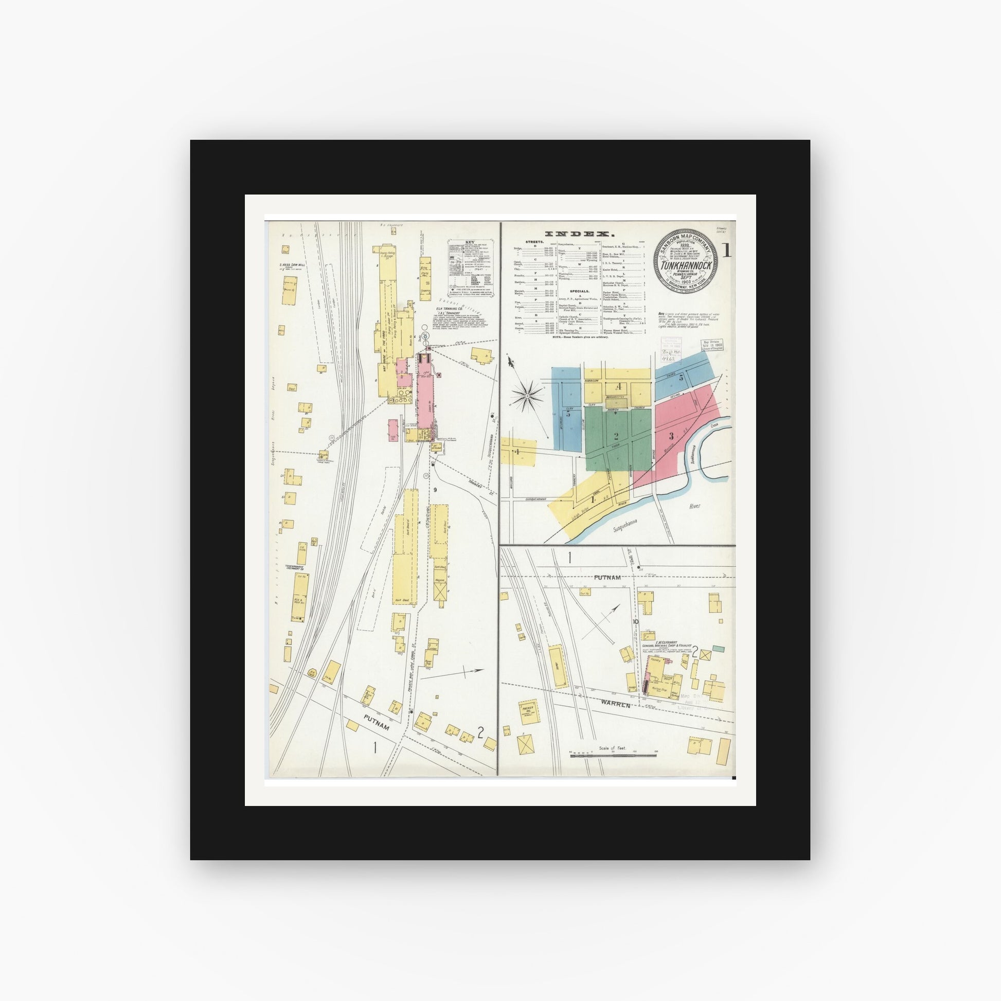 Old map wall art mockup — black gallery frame with white mat — Sanborn Fire Insurance Map from Tunkhannock, Wyoming County, Pennsylvania (1903), Sheet #0001